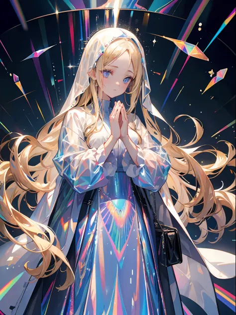 Mature woman, praying, light blue eyes, blonde hair, forehead, Long hair, plastic, Transparent clothes, ((holographic)), ((gas))