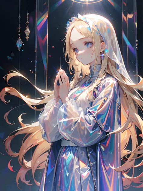 mature woman, praying, light blue eyes, blonde hair, forehead, long hair, plastic, transparent clothes, ((holographic)), ((gas))