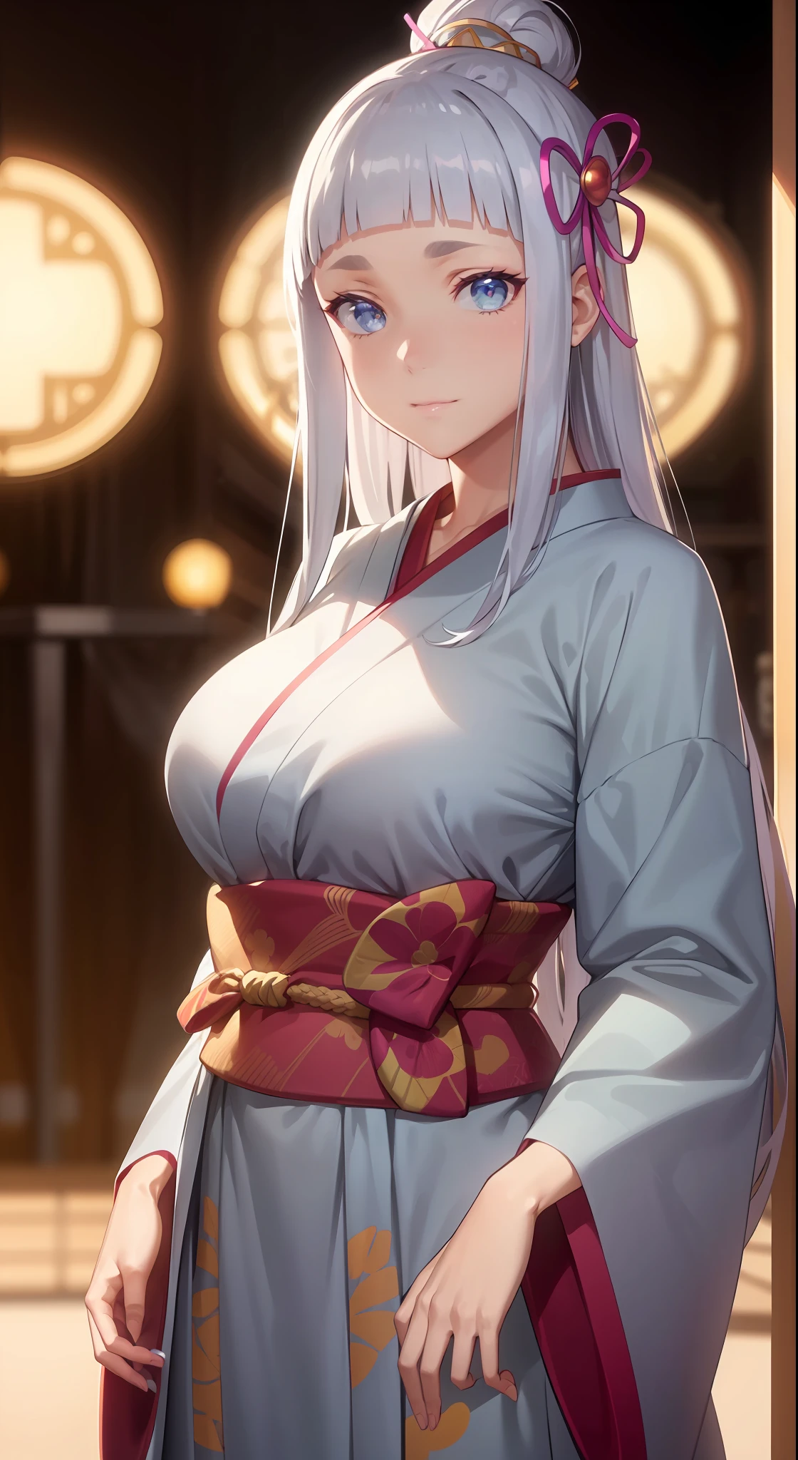 hair ornament, very long hair, japanese clothes, professional artwork, Intricate Details, field of view, sharp focus, detailed painting, photorealistic lighting, trending on pixiv, Standing at attention, ((large breasts:1,3)), Beautiful body,Beautiful Nose,Beautiful character design, perfect eyes, perfect face, looking at viewer, SFW,official art,extremely detailed CG unity 8k wallpaper, perfect lighting,Colorful, Bright_Front_face_Lighting, (masterpiece:1.0),(best_quality:1.0), ultra high res,4K,ultra-detailed, photography, 8K, HDR, highres, absurdres:1.2, Kodak portra 400, film grain, blurry background, bokeh:1.2, lens flare, (vibrant_color:1.2), shikkoku_yorihime, (seductive look), ((looking at viewer, front body pose))