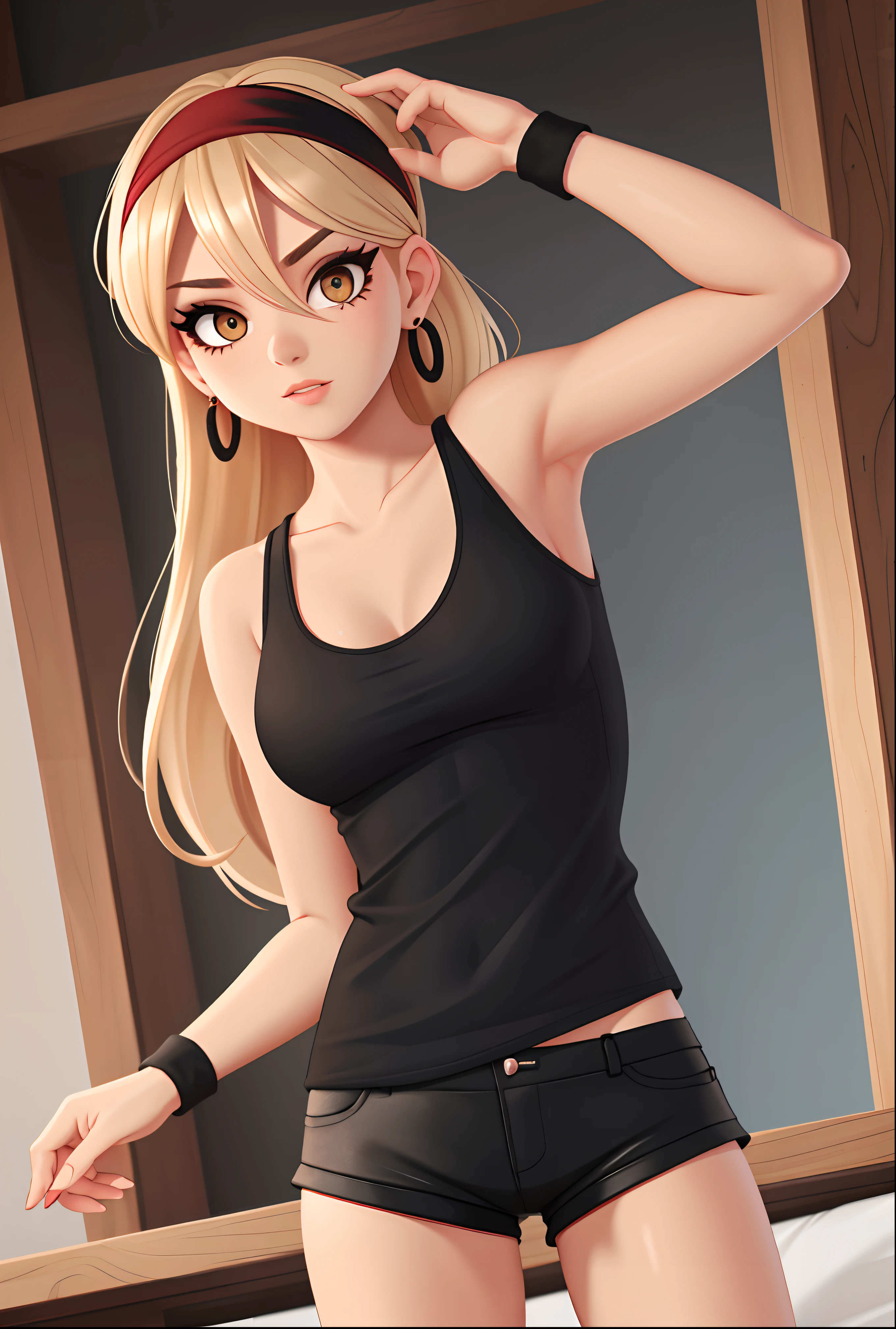 best quality, ultra high res, adult woman, tight black cami tank top:1.2, breasts, very pale skin, earrings, long blonde hair, headband, black eyeliner, mascara, downblouse, red shorts