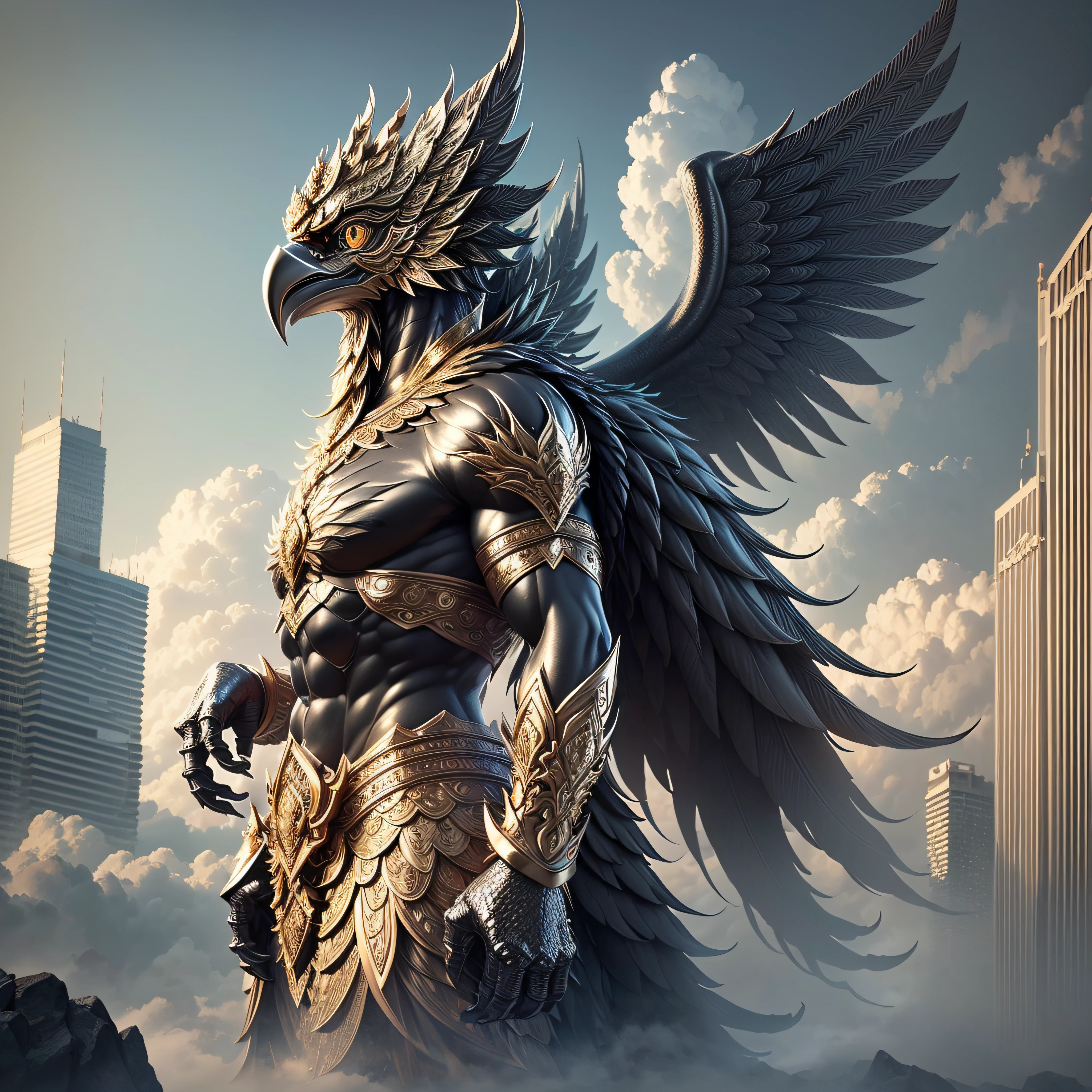 masterpiece,highly detail(Metalic Black,Reflect,:1.3)phayakrut king garuda{best quality},, super huge GARUDA solo, very detail, city,tower,building,highway, clouds and mist,
(extremely detail CG unity 8k wallpaper:1.1)(masterpiece),(best quality:1.1),realistic,style of master anime,perfect perspective,intricate detail