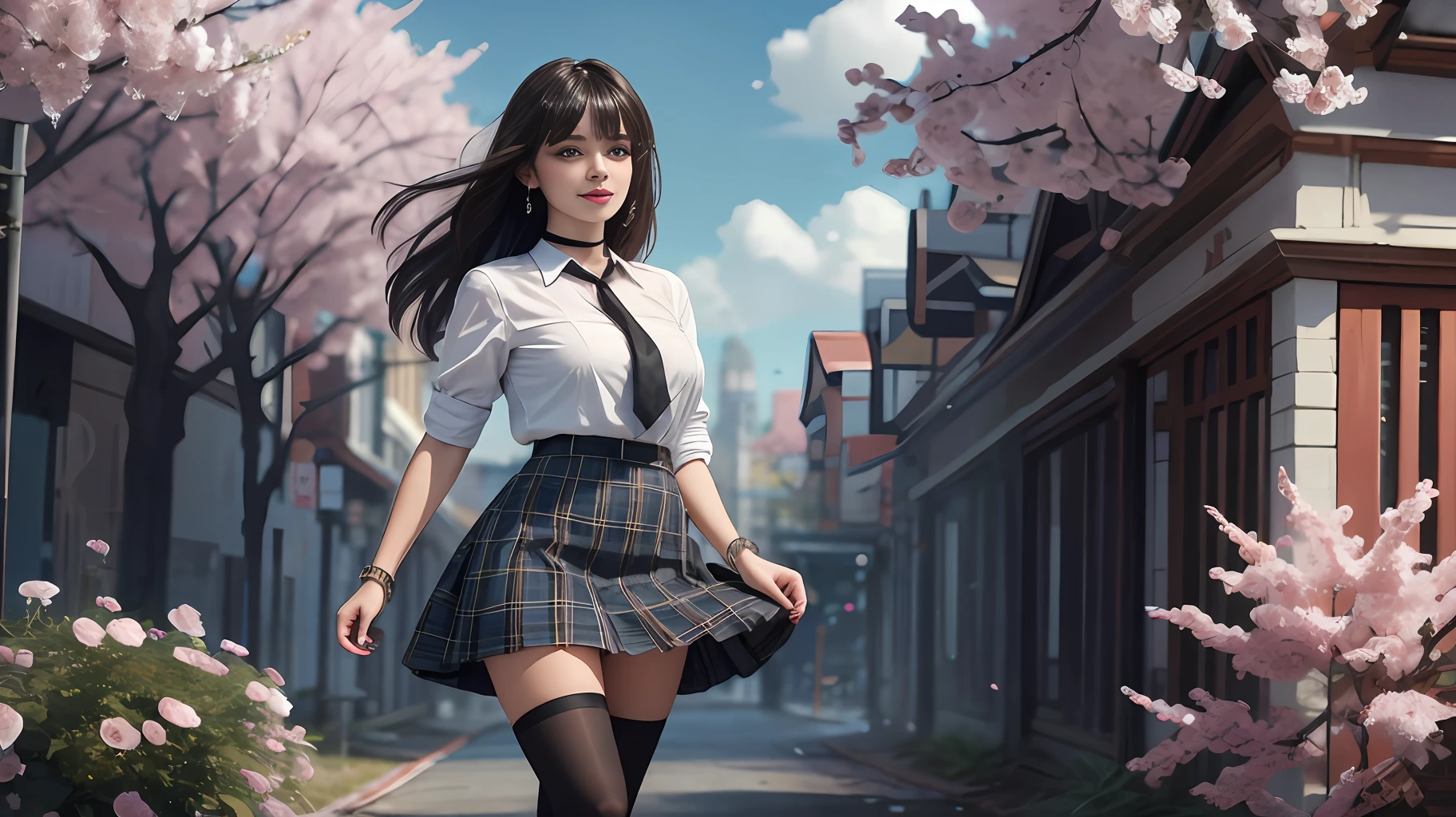 Masterpiece, Superb Piece, Full Body, 1Girl, Bangs, Black Choker, Black Tie, Blonde, Blue Skirt, Stockings, Blush, Bracelet, Beautiful Breast, Choker, Waist Dress, Collarbone, Collared Shirt, Denim Photo, Dress Shirt, Ear Piercings, Eyebrows Visible Through Hair, Gradient Hair, Grin, Gyaru, Jewelry, Kogal, Long Hair, Look at the Audience, Loose Tie, Tie, Piercing, Plaid Skirt, Plaid Skirt, Pleated Skirt, Red Eyes, Ring, School Uniform, Shirt, Skirt, (( stockings)), smile, solo, white shirt, street, sky, cherry blossoms, petals, illustration, (Chinese magazine: 1.3), (cover style: 1.3), fashion, woman, vibrant, dress, pose, front, colorful, dynamic, background, element, confidence, expression, hold, statement, attachment, majestic, coiled, around, touch, scene, text, cover, bold, eye-catching, title, fashion, font, catchy, title, bigger, eye-catching, modern, stylish, focused, stylish,