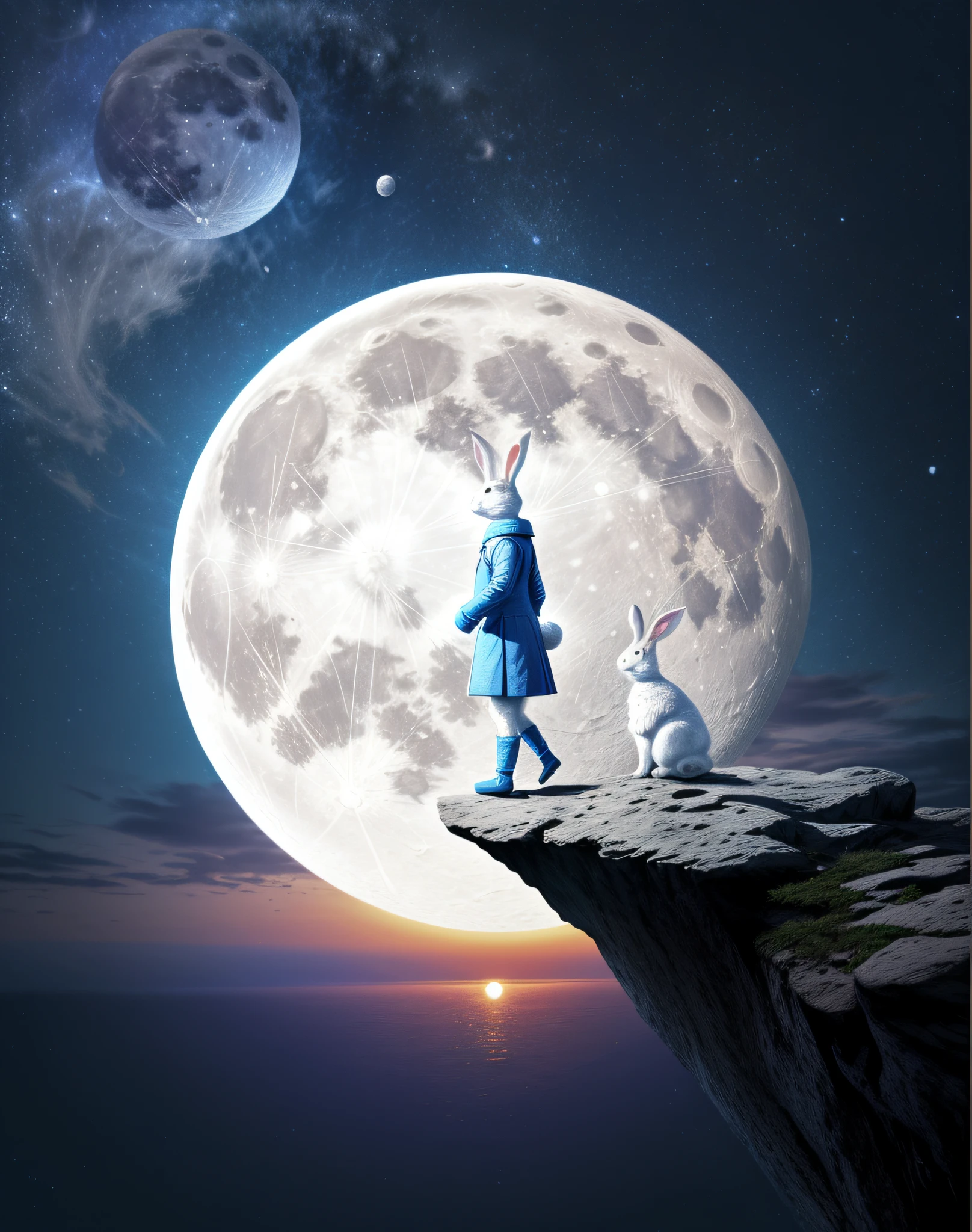 A couple of rabbits standing on top of a cliff next to a full moon 