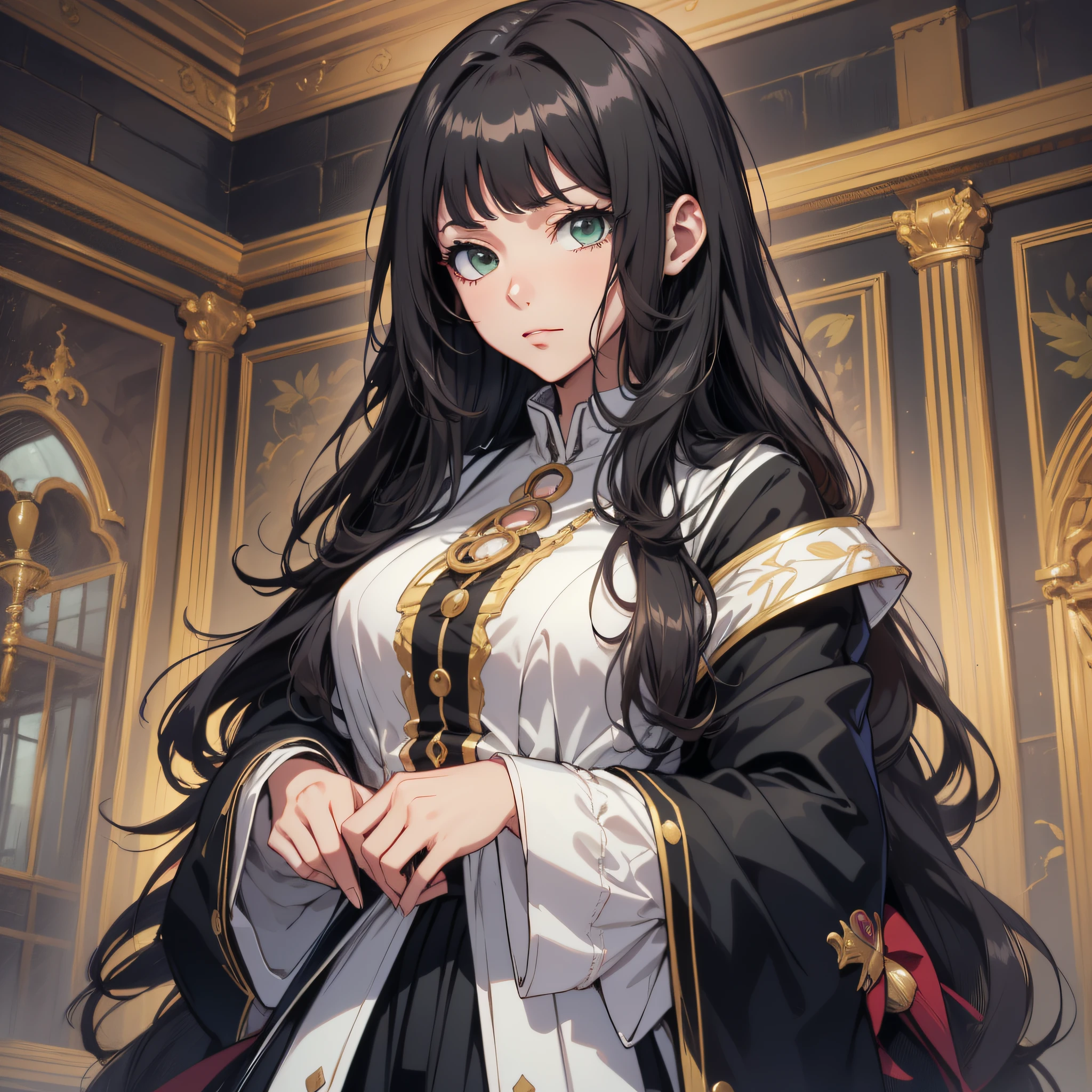 (best quality, masterpiece, ultra-detailed, extremely detailed, highres), (1girl, single, solo), 16 years old Anime girl, long raven hair, slightly wavy hair, parted bangs, Magus, green eyes, long black coat, white shirt, black skirt, aristocrat, noble attire, beautiful, ethereal, elegant, prestigious, classic, royal building