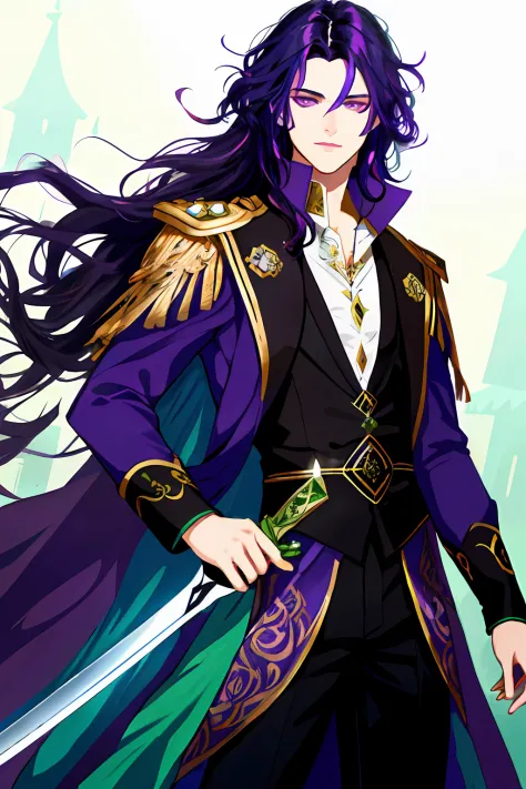 "dark-haired boy with deep purple hair, captivating with his eyes of both blue and green, wickedly beautiful face, dressed in extravagant prince-like attire, wielding a bloodied sword."