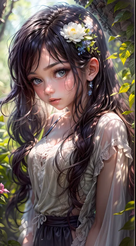 In this captivating image, a lone young girl takes centre stage, captivating the viewer with her presence. She stands in a picturesque outdoor setting, surrounded by lush vegetation and bathed in soft golden light. Her black hair cascades over her shoulder...