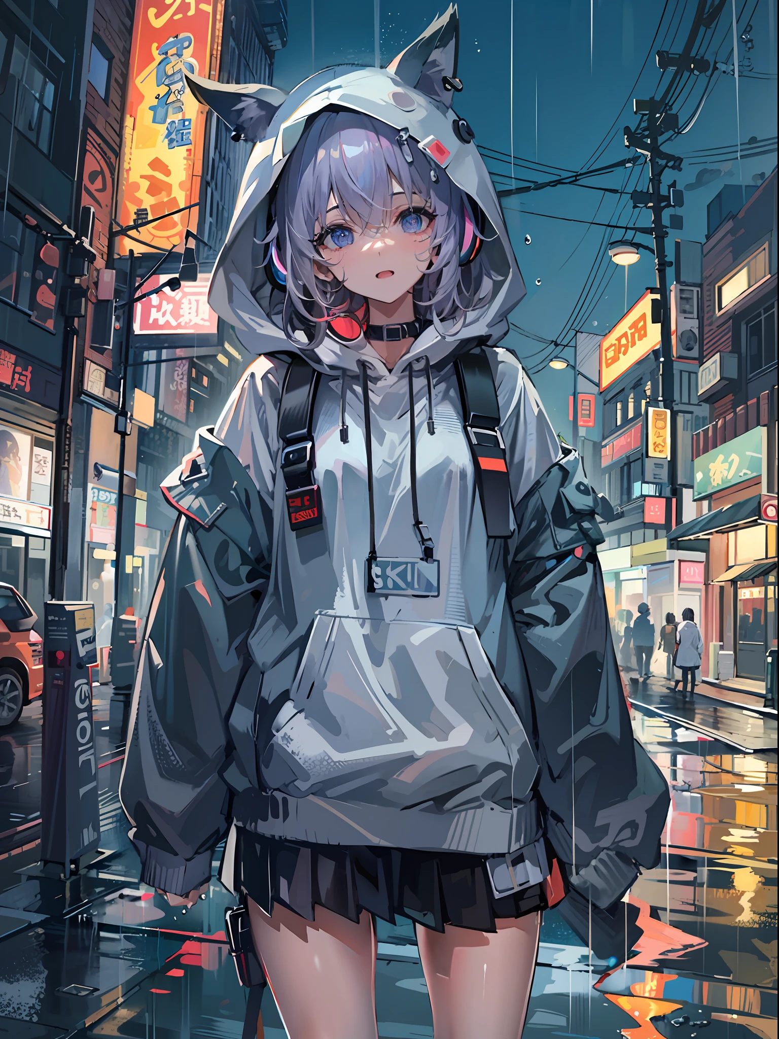 8K resolution、((top-quality))、((​masterpiece))、((ultra-detailed))、1 woman、solo、incredibly absurdness、Oversized hoodies、headphones、Street、plein air、Rain at night、neons、Shortcut Hair、Brightly colored eyes、Hands in pockets、a miniskirt、water dripping