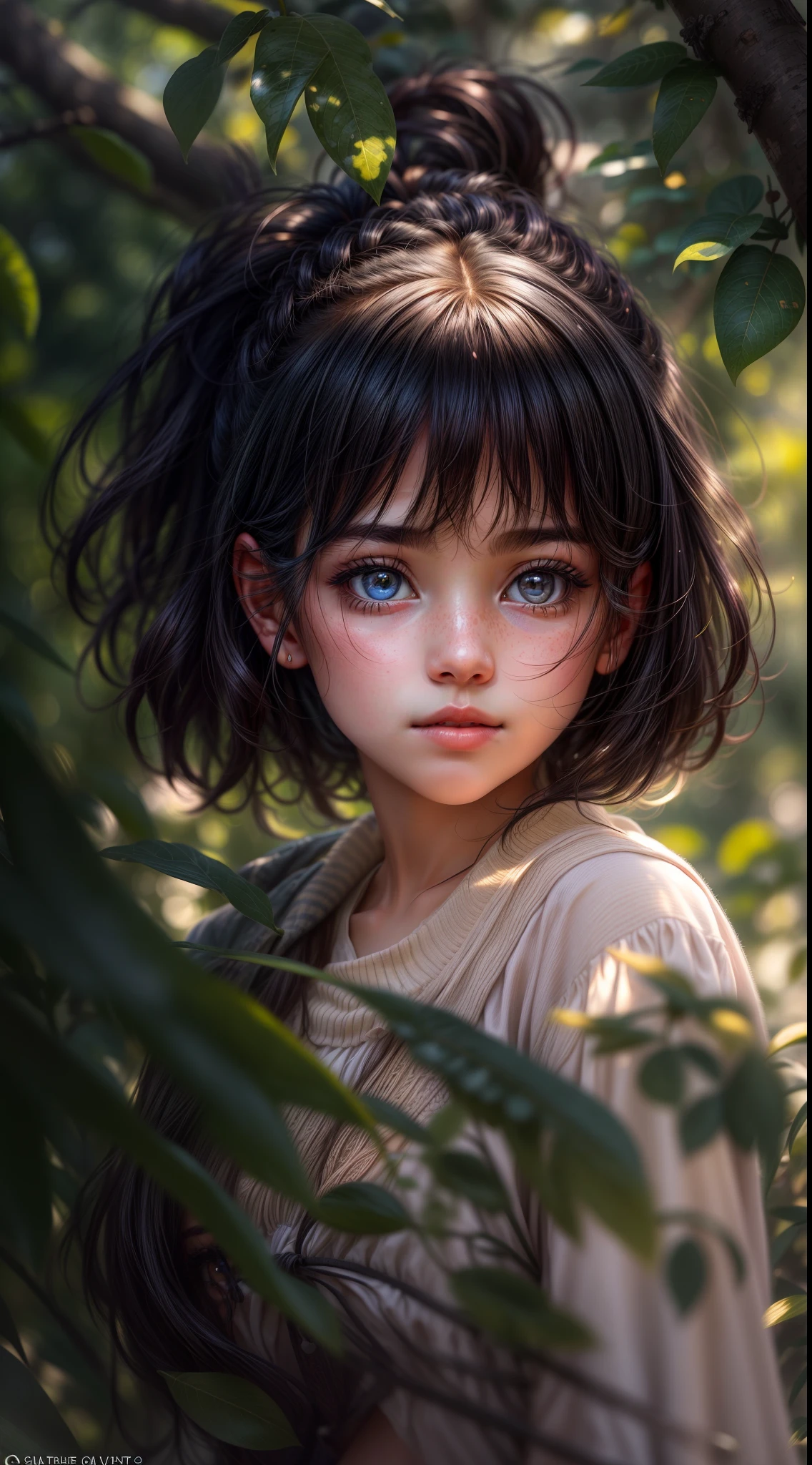 In this captivating image, a lone young girl takes centre stage, captivating the viewer with her presence. She stands in a picturesque outdoor setting, surrounded by lush vegetation and bathed in soft golden light. Her black hair cascades over her shoulders, framing her face, while her bewitching blue eyes shine with depth and intrigue. Tilting her head slightly, she looks directly at the viewer, her expression conveying a mixture of confidence and vulnerability. The emphasis is on her striking features and natural beauty, expertly captured in this hyper-realistic, high-resolution portrait. The background is deliberately slightly blurred, accentuating the focus on the young girl and adding depth to the composition. This photographic masterpiece captures both the outer and inner essence of the young girl, leaving the viewer captivated by her presence. The image will be rendered in a 9:16 format, allowing for a vertical composition that highlights the stature and presence of the young girl.