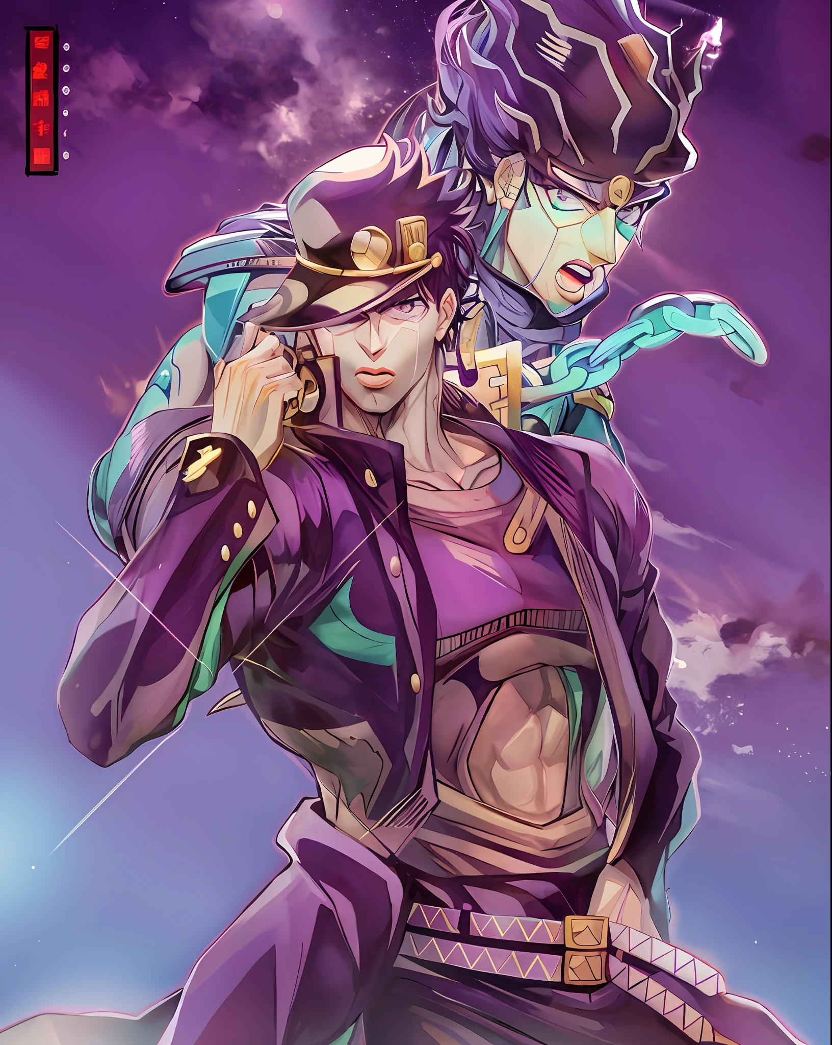 anime characters in a space setting with a purple background, jojo anime style, joseph joestar, jotaro kujo, jotaro vs dio, jotaro, in jojo\'s bizarre adventure, jojo bizarre adventure, jojo's bizarre adventure, jojo's bizzare adventure!!!!, jojo's bizzare adventure!!, jojo's bizarre adventures