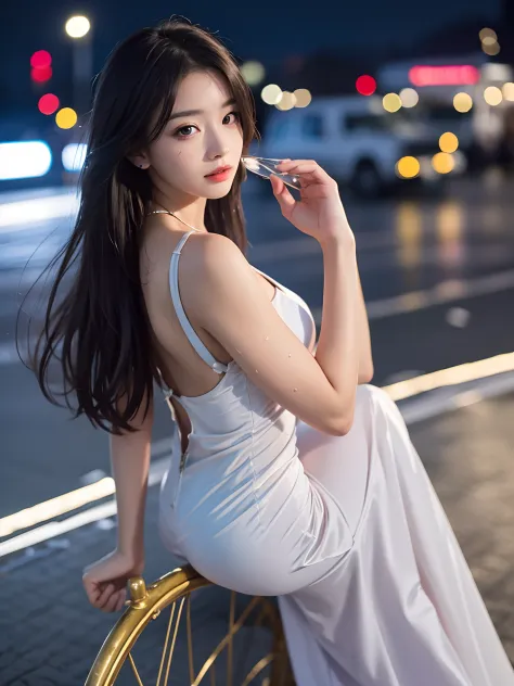 2girl, best quality, ultra high res, (photorealistic:1.4), night, wet, rain, people, city, golden hair, black hair, short hair,long hair,  ((Yurisa)), revealing clothes,sliver dress looking at the viewer,looking back,  solo.ST. LOUIS \(LUXURIOUS WHEELS\) \...