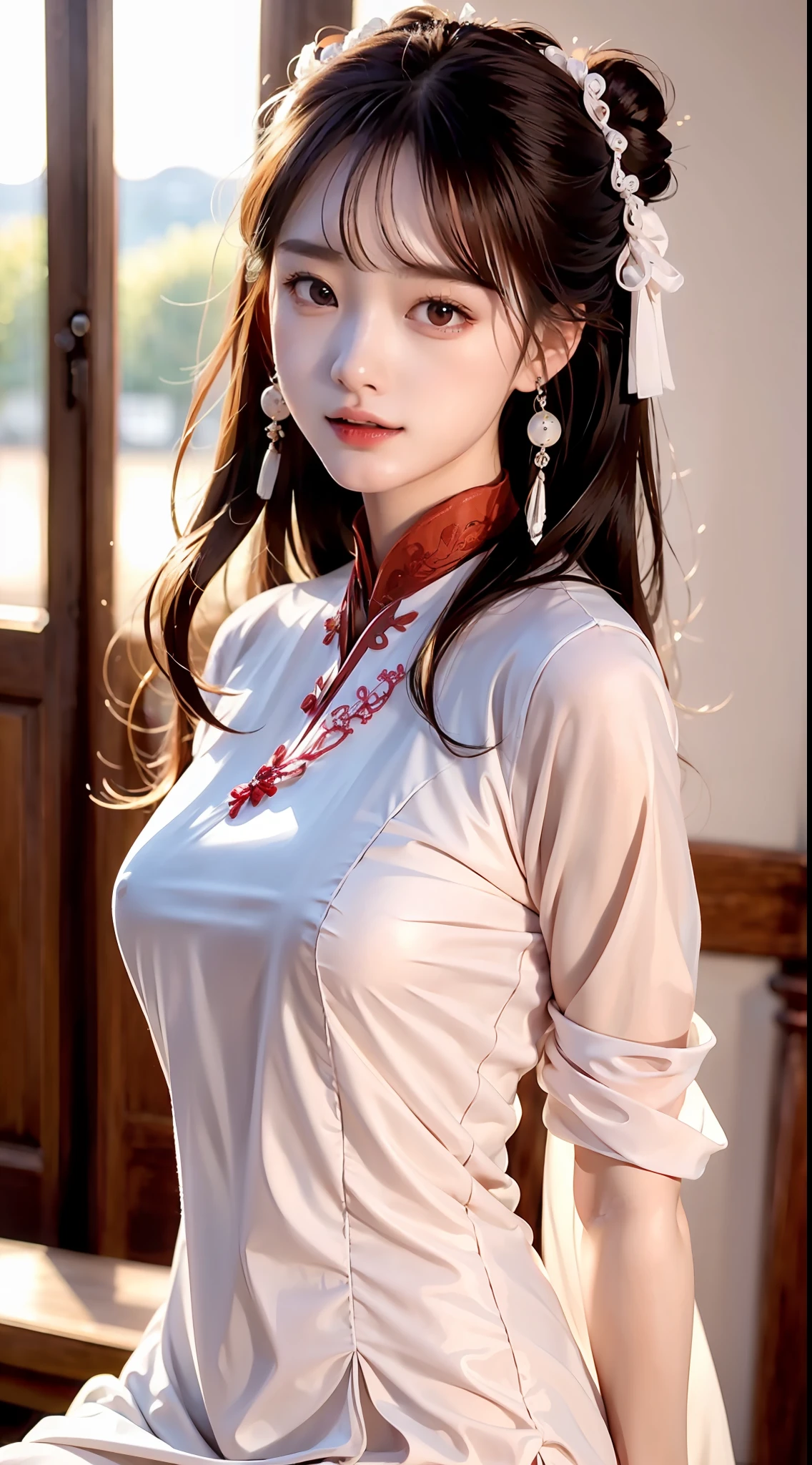 Best quality at best， tmasterpiece， beautiful  face， 1girll， long_hair， 独奏， upper_body， Porcelain dress，shift dresses，hair adornments， choker necklace， jewely， long whitr hair， 耳Nipple Ring， Chinese outfit(8K, RAW photo, Photorealistic:1.25) ,( Gloss on lips, eyeslashes, gloss face, Glossy glossy skin, best qualtiy, 超高分辨率, depth of fields, color difference, Caustics, Wide light, naturalshadow, Kpop idol) Being in the room，European style，sitted，sliver long hair，White cheongsam，Red trim，Medium chest detail,8K resolution,超高分辨率,A young girl, A cute girl，short detailed hair，hair-bun，lipsticks，Tassel earrings，choker necklace，Black clear eyes，Smooth hair,鎖骨,Exquisite and perfect facial features, the most beautiful big eyes,Long eyelashes,The eyes are sweet and there are lying silkworms，dynamic angle,Extreme picture quality,Highest precision,Precise and perfect human anatomy，(((Antique tulle red Hanfu，Red embroidery)))，((sitted))，Warm scene，超高分辨率，Ultra-clear vintage black flowing hair，Delicate bun）By bangs，（Long flowing hair，With a bun:1.3）），Delicate collarbones，beautiful make up，Exquisite and perfect facial features，，Big watery eyes，Lying silkworm，Long eyelashes，The eyes are sweet and have eye shadow，Slim waist，Do not show your hands，，lipsticks，Blushlush，Delicate earring earrings，pearls necklace