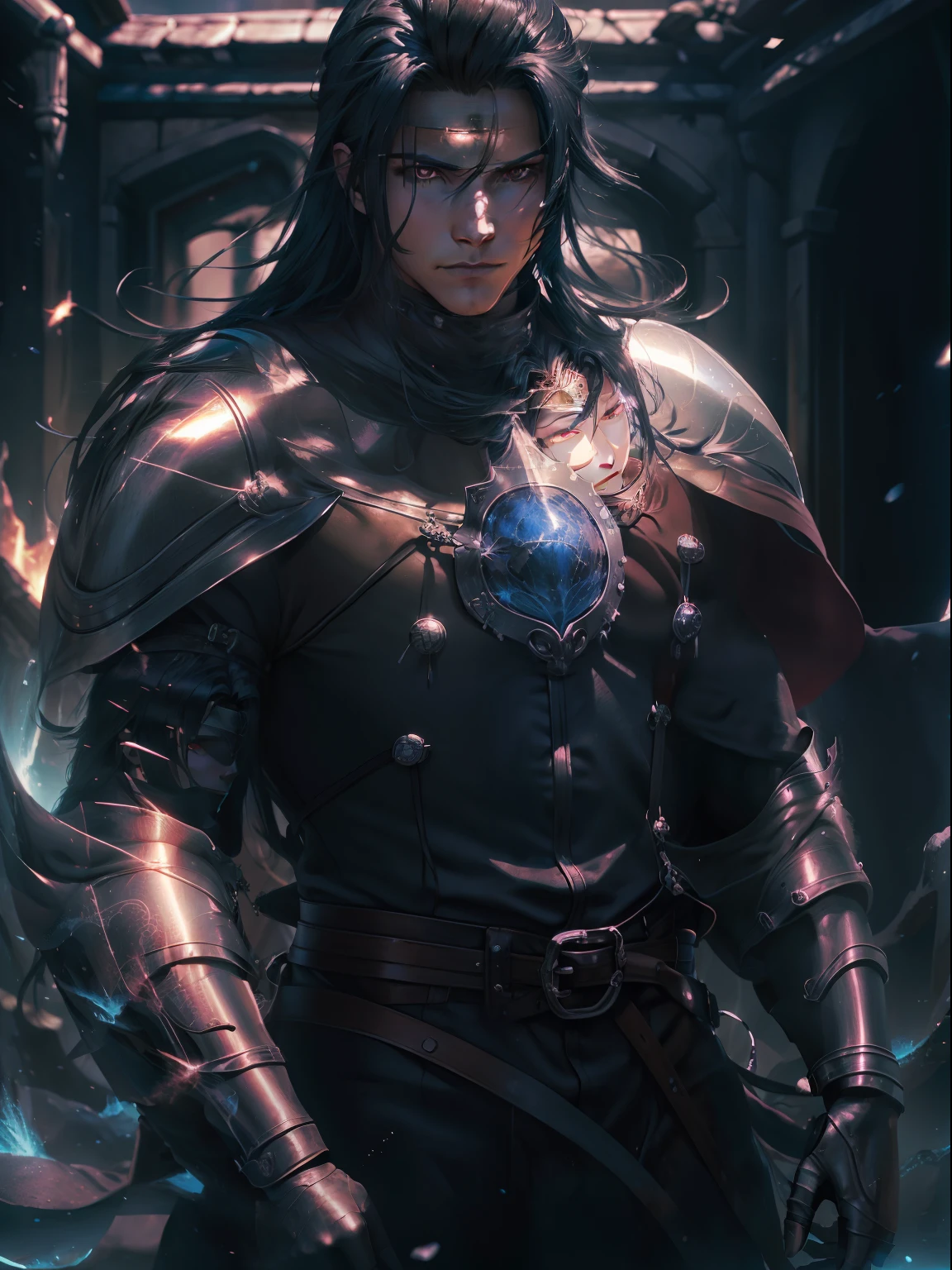 sem pelos faciais, Round face, square jawline, blackquality hair, long  hair, eye reflection, glare eyes, Eyes red, smile sitrq, golden armour, Knights of the Zodiac Style, Golden knight, arm shield, Round Shield, heroic posture, conceptual artwork, アニメ, Estilo アニメ, Cinematic lighting, motion blur, symetry, cowboy shot, F/1.2, 35 mm, hasselblad, High details, high qualiy, texturized skin, best quality, 8K