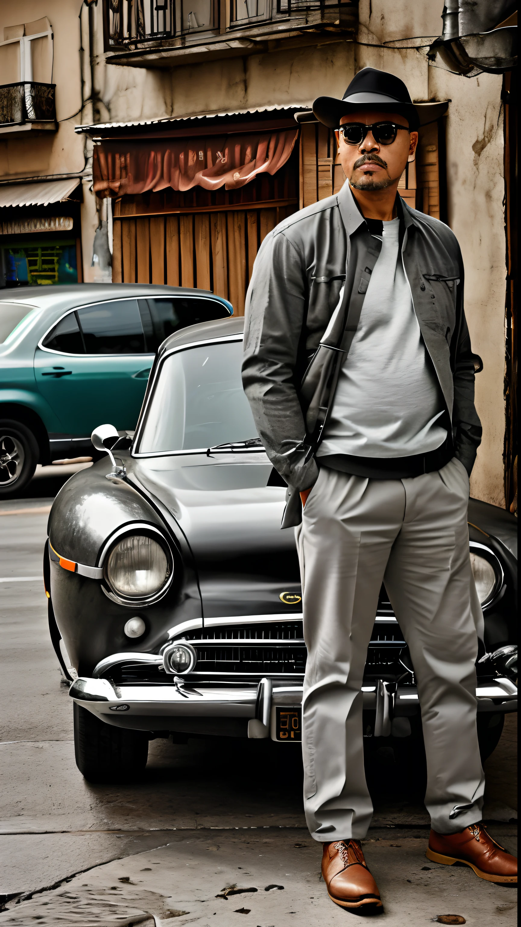 guttonervision8, Promotional photo for magazine cover of a silver gray sedan car with the front facing the viewer and next to the car a man in sunglasses looking at the viewer, Facing the camera squarely, with your hands in your pockets, vestindo camiseta polo preta, calca bege estilo safari com bolsos laterais e botina de trilha. (((cenario noturno))) com (((chao molhado))) e edificios de ambos os lados ds rua iluminada pelas luzes da rua. Fotografia profissional com camera Fujifilm XT3 (hiper-realismo: 1.3), (fotorrealista, 8k, UHD: 1.3), (hiper detalhado: 1.2), Photography with Chiaroscuro Technique