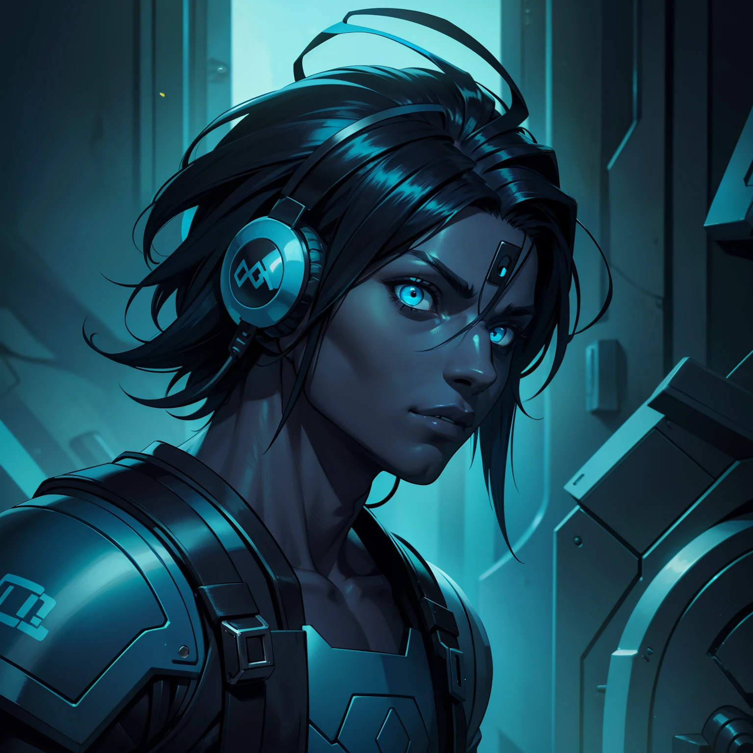 A humanoid monster with adolescent male features with a cyan skin, cabelo preto, on the head wearing a headset, olhos de cor preto, vestindo um traje de metal totalmente preto