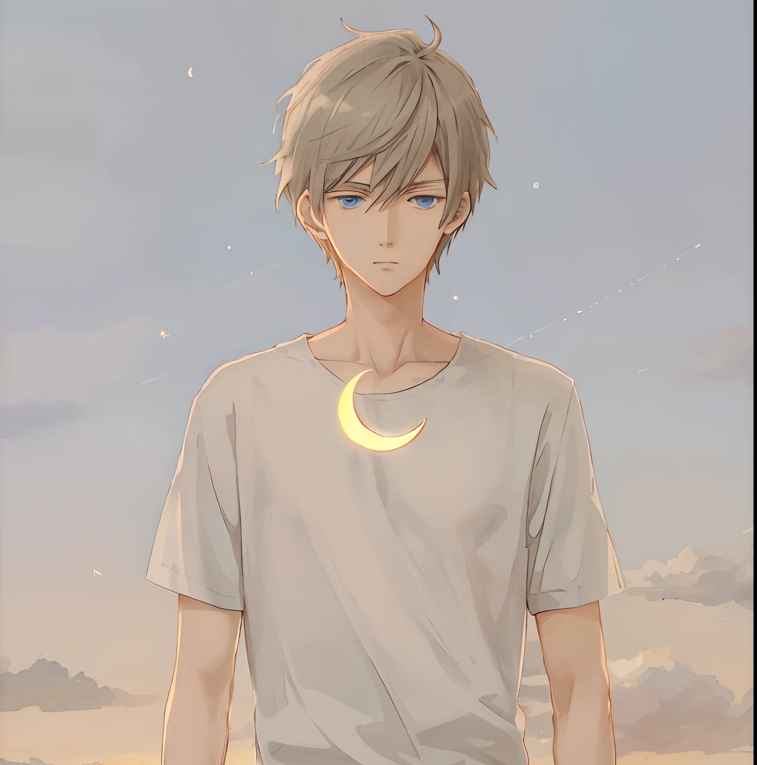 "Anime boy with crescent moon and moon background on shirt on anime boy，Young and handsome anime characters，eBlue eyes，Guviz-style artwork，male anime character，The anime style is inspired by Bian Shoumin。"