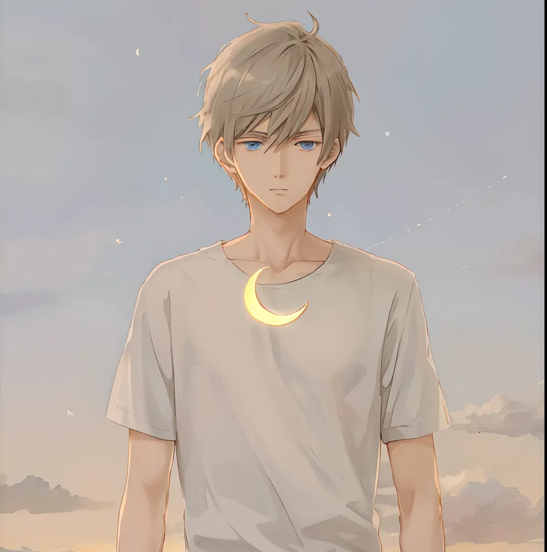 "Anime boy with crescent moon and moon background on shirt on anime boy，Young and handsome anime characters，eBlue eyes，Guviz-sty...
