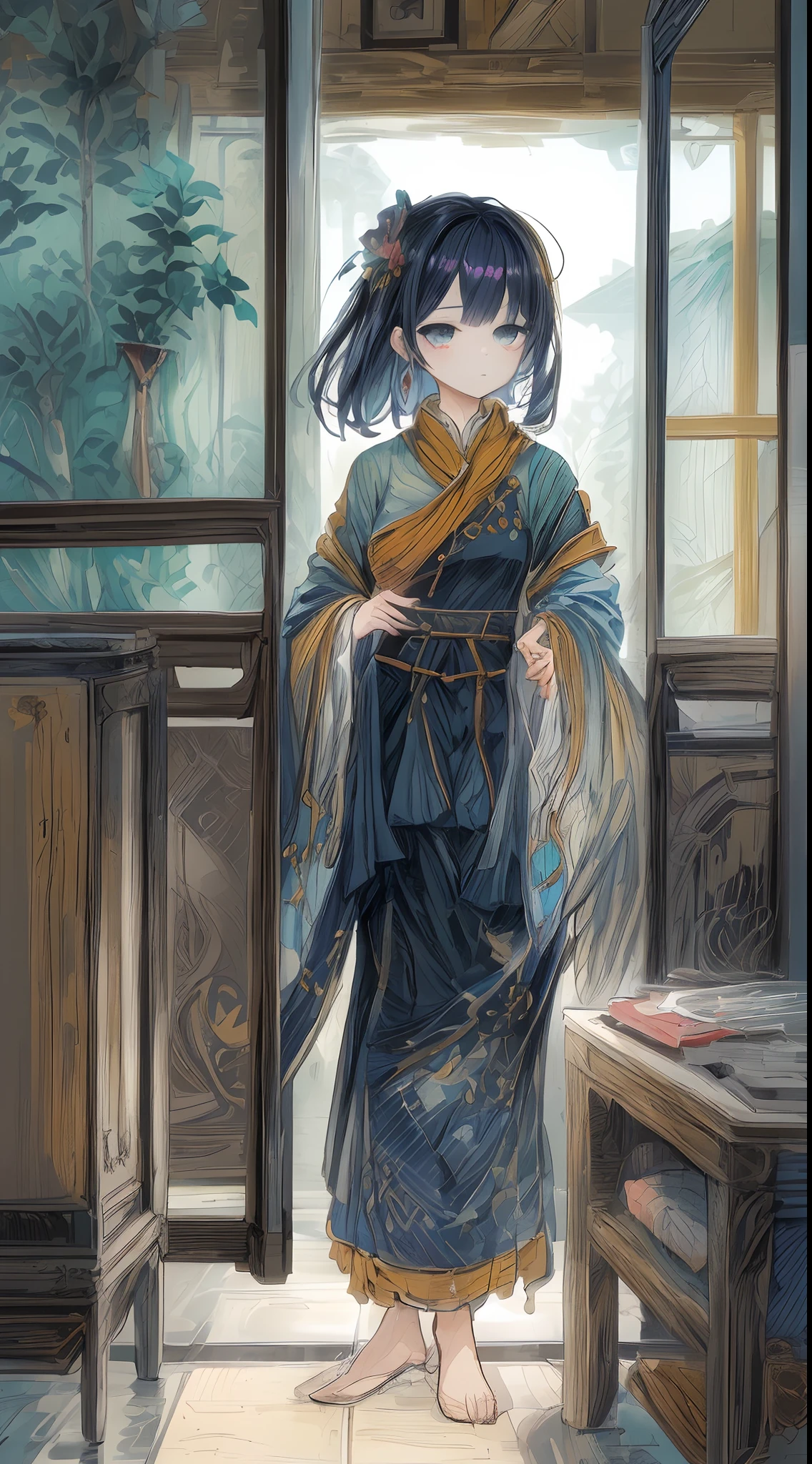 (masterpiece, best quality:1.43), watercolor, front side view, bright and saturated colors, ((beautiful 1girl with black hair and detailed face)), full body, (lower back and hip), arms, head and knees on floor, bottom up, eyes, dress, electric fan behind, ((indoors)), ((tatami)), (open window)