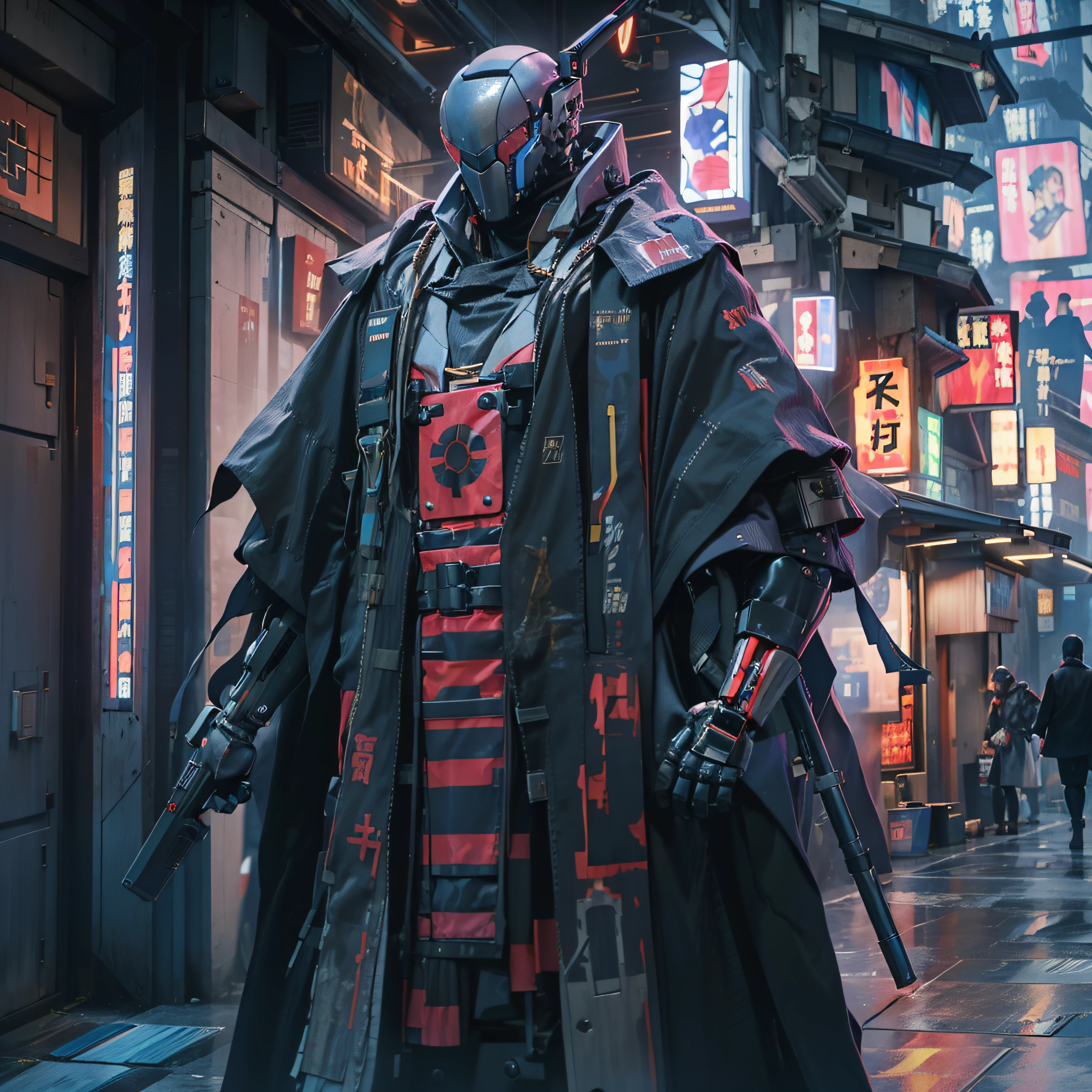 cyberfusion,Cyborg robot assassin Shinsengumi Haori portant une cape de robes,sécurité d&#39;entreprise d&#39;élite, quartier commerçant cyberpunk