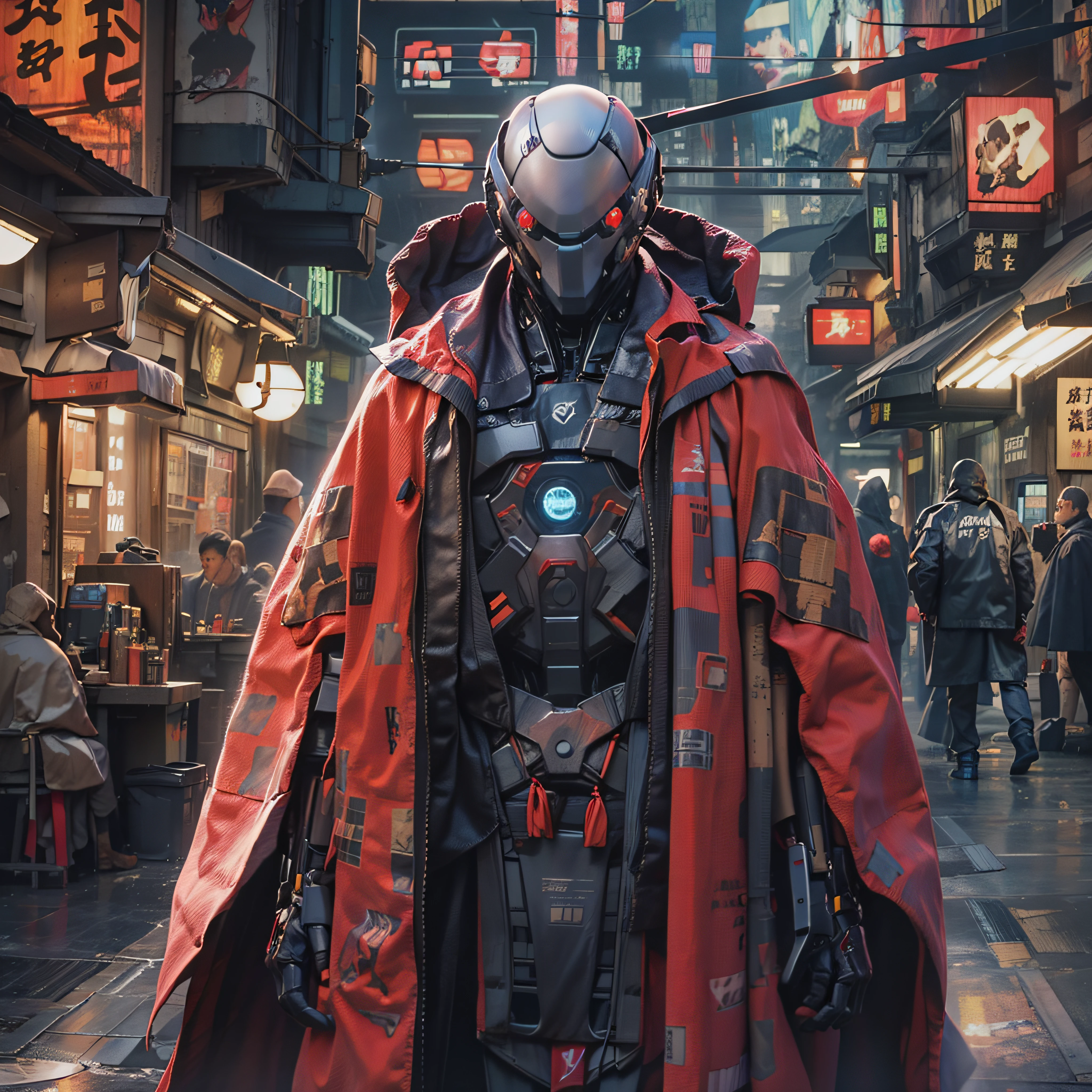 网络融合,新撰组羽织刺客机器人机器人穿着长袍斗篷,精英企业安全, 赛博朋克购物区