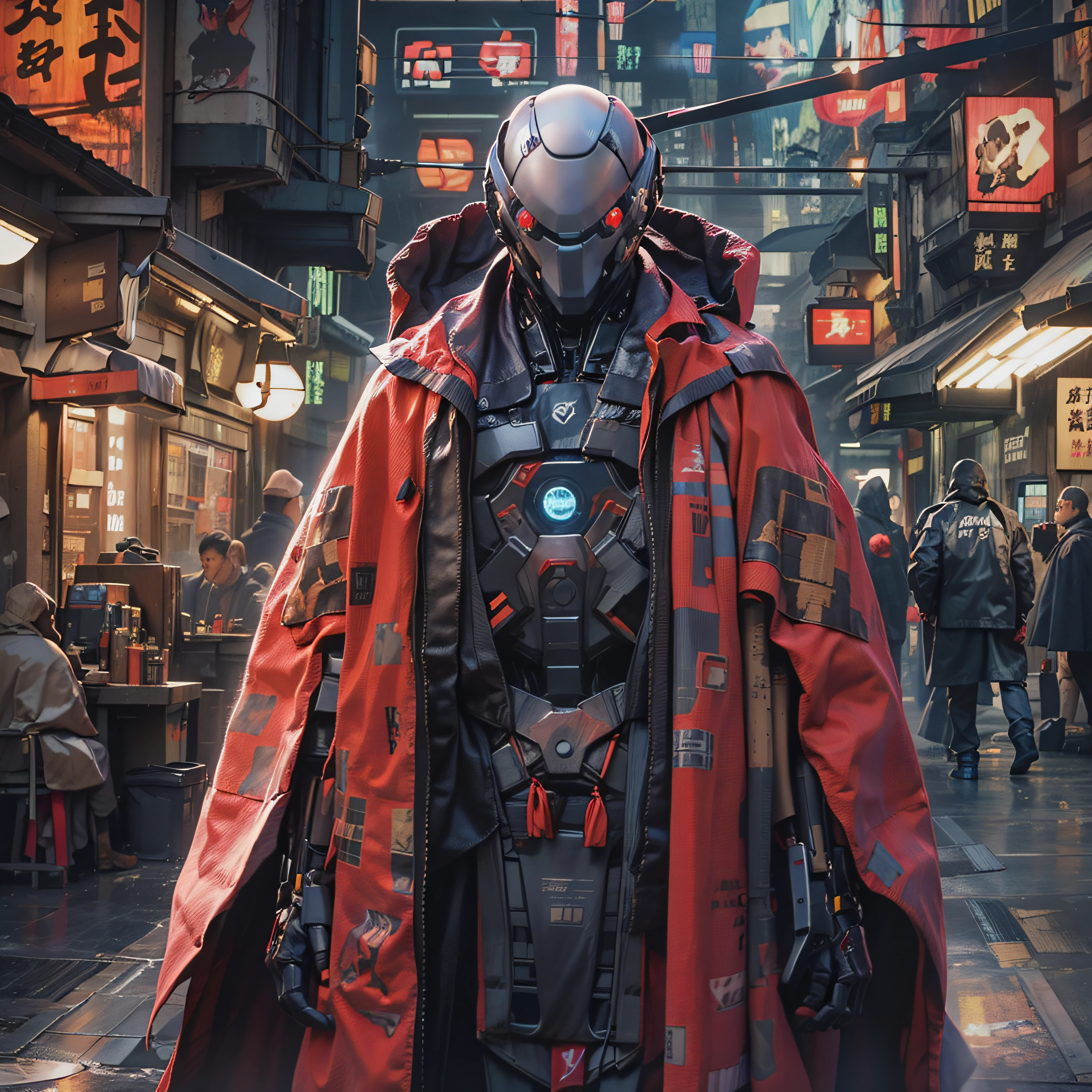 ciberfusão,Shinsengumi Haori robô assassino ciborgue vestindo capa de manto,segurança corporativa de elite, distrito comercial cyberpunk