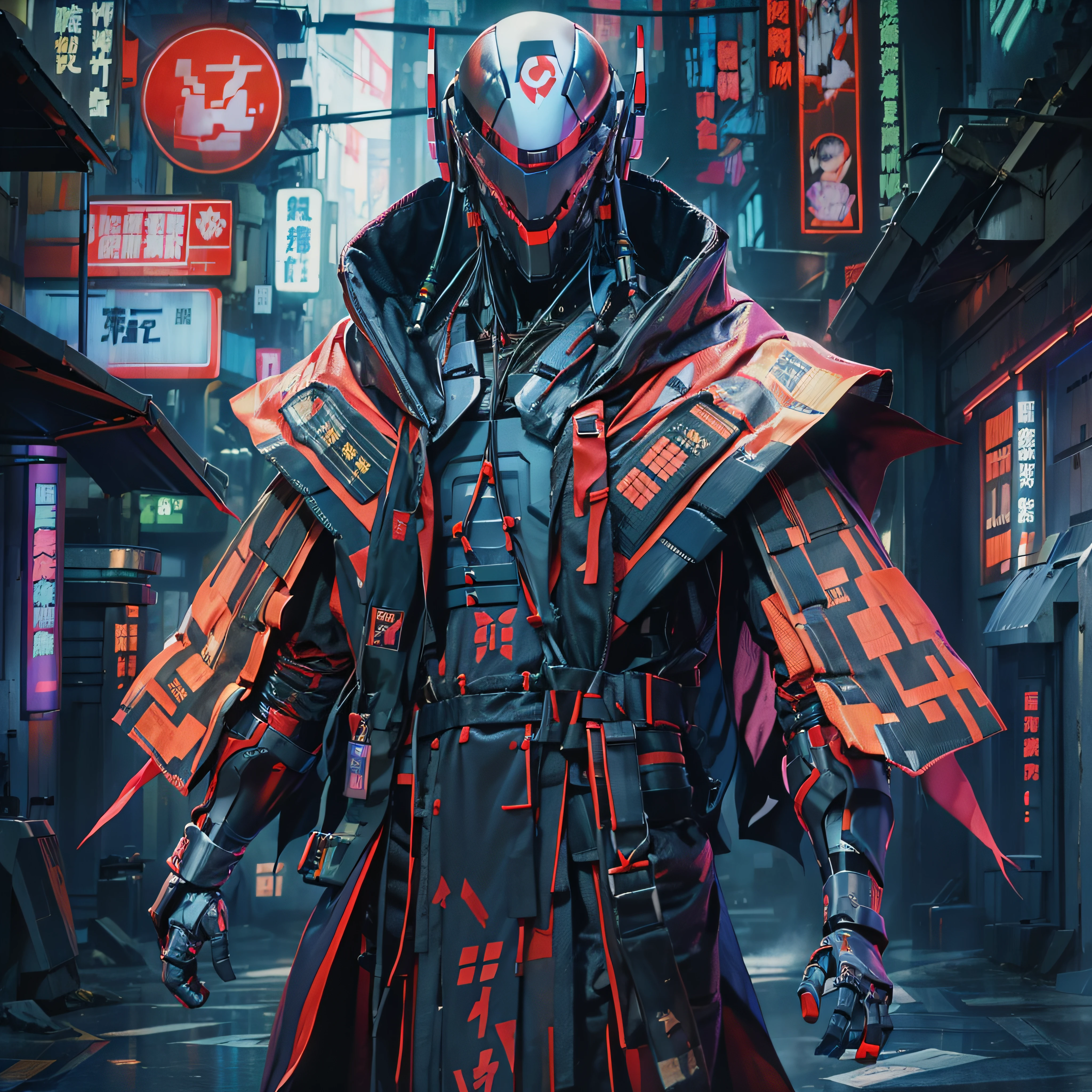 cyberfusion,Shinsengumi Haori assassin robot cyborg wearing robes cape,elite corporate security, cyberpunk shopping district