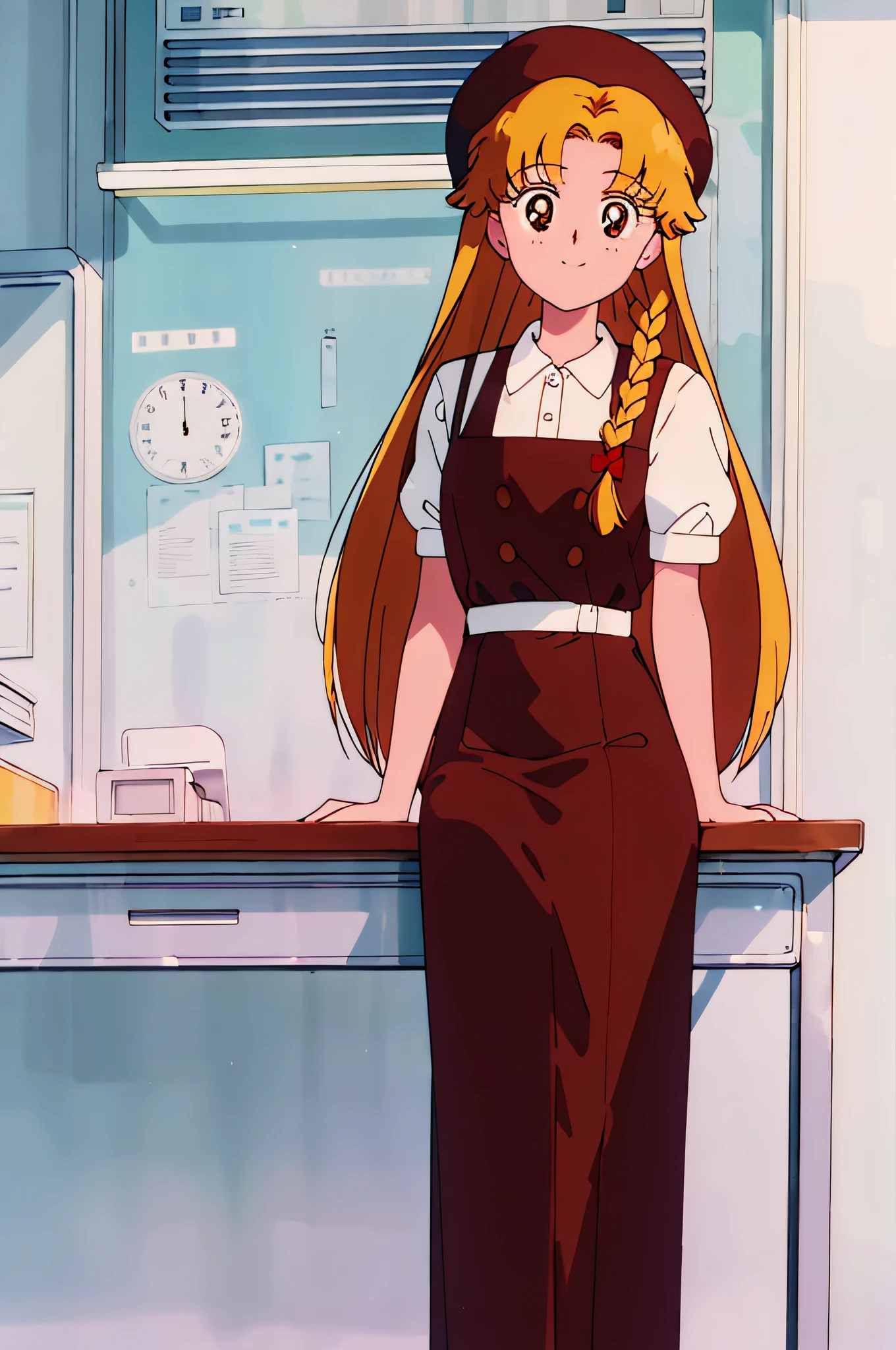 best quality, masterpiece, 1girl, light smile, brown eyes, looking at viewer, light brown dress, long blonde braided hair, inside laboratory, apparatus, sitting on a chair at a work bench, there is a sign in the background that reads "Biochemistry lab", throwing a square-shaped graduation cap that is black into the air