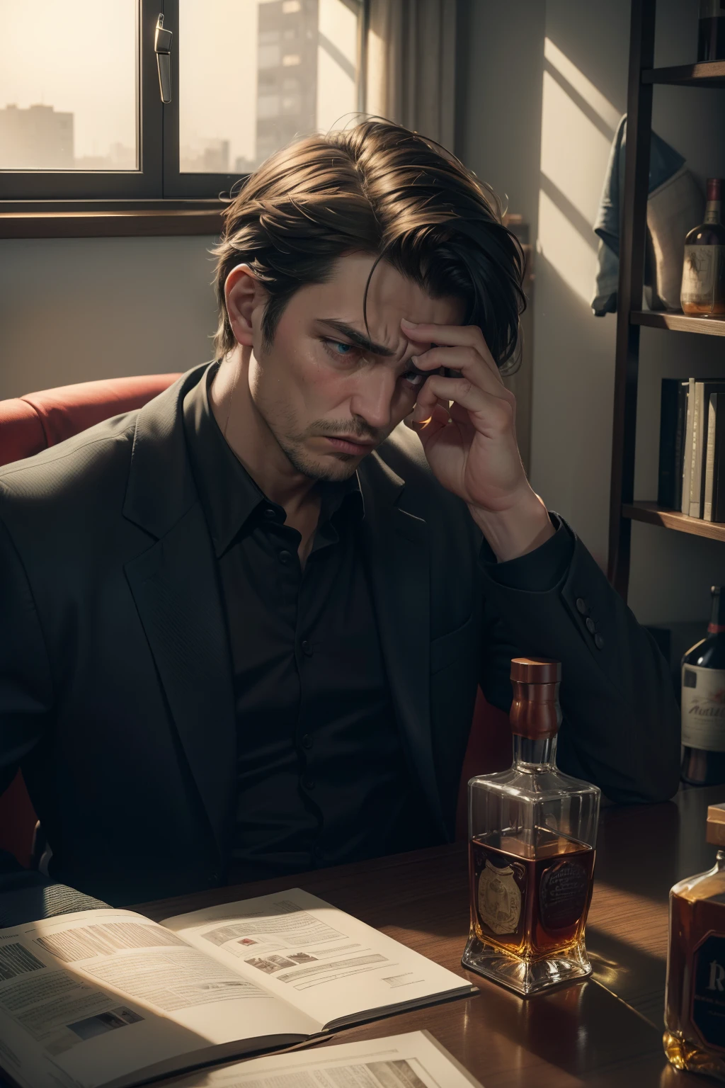 (masterpiece, best quality, very detailed, bright colors, saturation), mature man, in a modern apartment, on a chair, sad face, despondency, sadness, phone on the table, suffering, twilight, noir, empty whiskey bottles, alcohol, a revolver put to his head, suicide