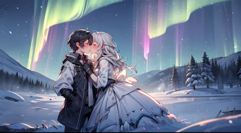 Beneath the magical glow of the Northern Lights, two souls embrace in a kiss on the mouth, the ethereal colors of the aurora bor...