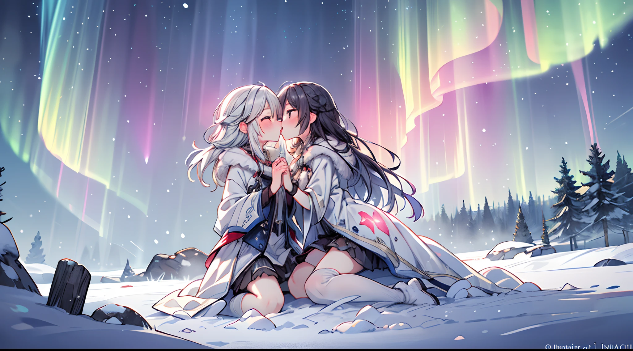 Unter dem magischen Schein des Nordlichts, Zwei Seelen umarmen sich in einem Kuss auf den Mund, die ätherischen Farben der Aurora Borealis üben einen überirdischen Zauber aus, die schneebedeckte Landschaft verleiht dem Ganzen einen besonderen Zauber, 3D-Rendering, Verwenden Sie sanfte Beleuchtung und durchscheinende Texturen, um die mystische Qualität der Szene einzufangen