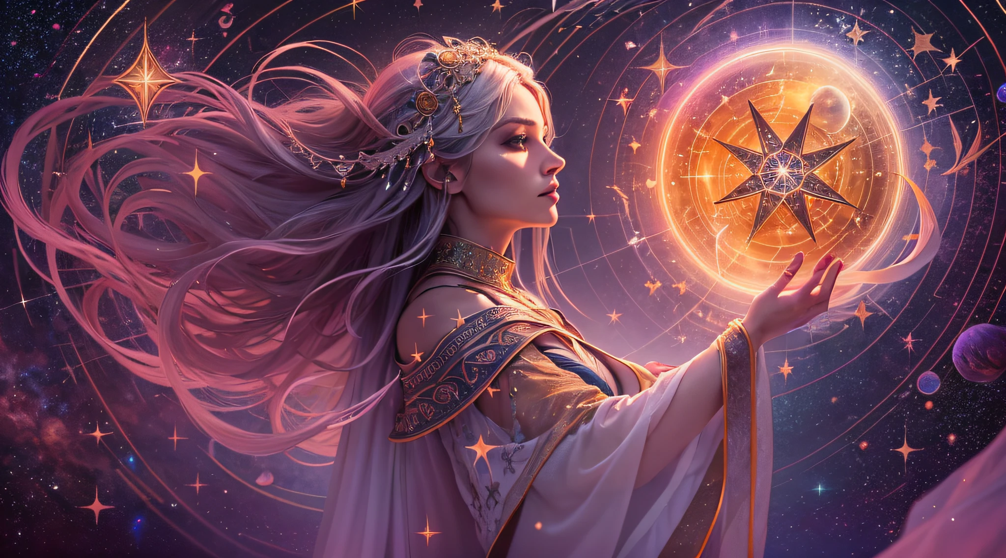В магическом круге, нарисованном древними рунами, Волшебник стоит с грацией и силой. Она неземная фигура, завернутый в звездные одежды, сияющие, как ночное небо. Твои волосы подобны серебряным прядям, e seus olhos refletem o brilho de estrelas отдаленные. в ее руках, Она держит посох, украшенный люминесцентными кристаллами, передающими суть космоса.. Позади нее, Созвездия оживают, Танцуя по небу в симфонии света и волшебства.. Она хранительница древних тайн, Связь между небесным и земным царствами, способен направлять силу звезд в заклинания, выходящие за пределы человеческого понимания..