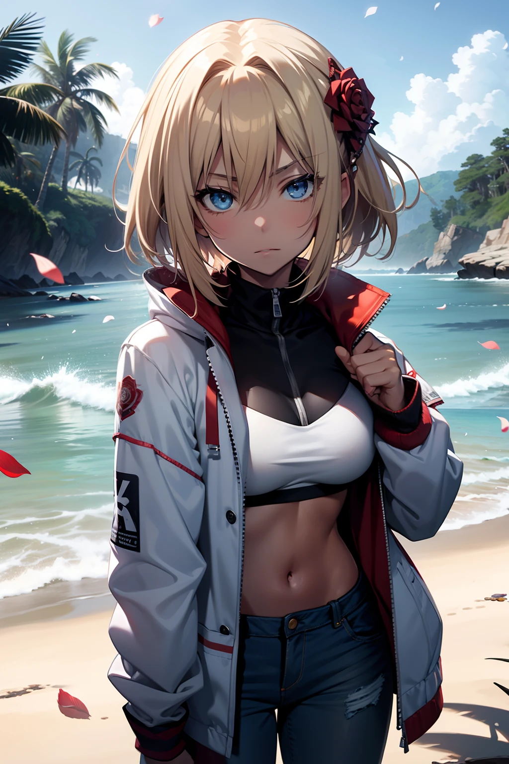 Anime girl with blue eyes and a white top on a beach - SeaArt AI