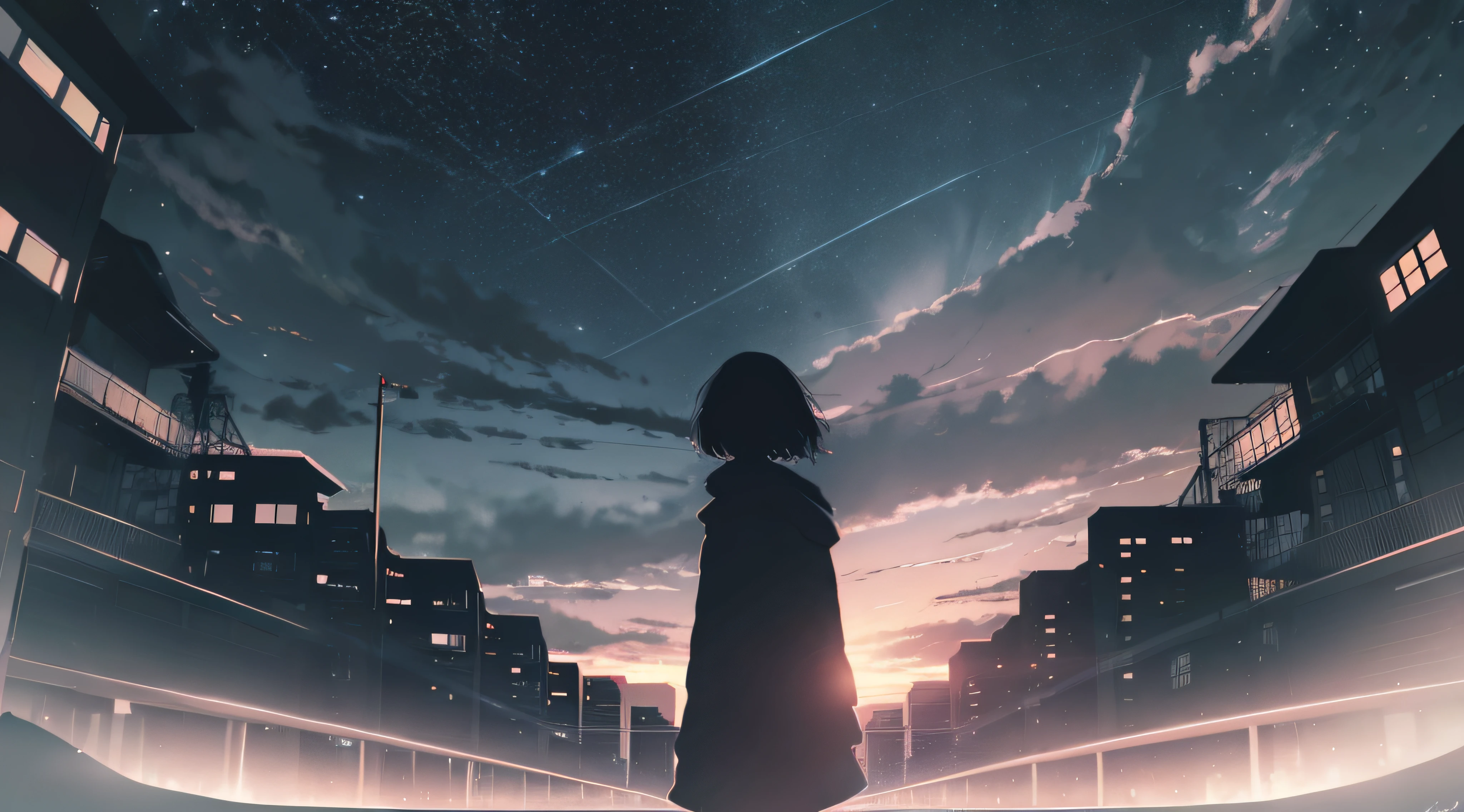 anime,silhouette,1girl, star (sky), cloud, cityscape, building, city, outdoors, skyscraper, city lights, night, night sky, sunset, skyline