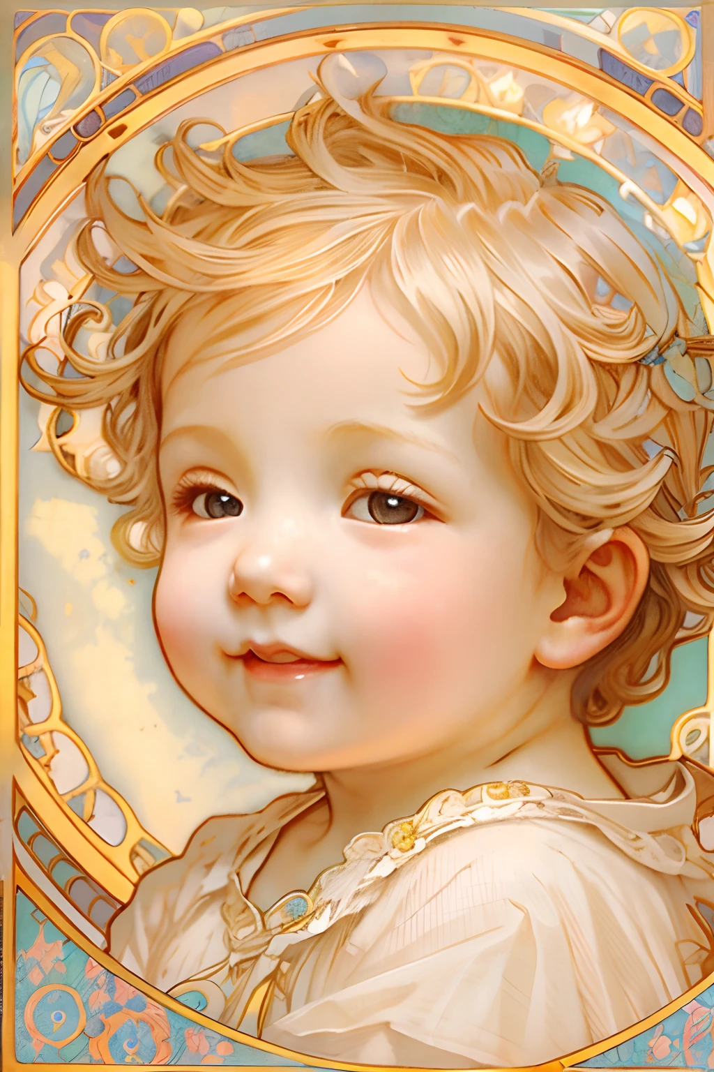 Bênçãos dos Anjos､fundo brilhante、marca de coração、ternura､Um sorriso、gentil､bebê anjo、por Mucha
