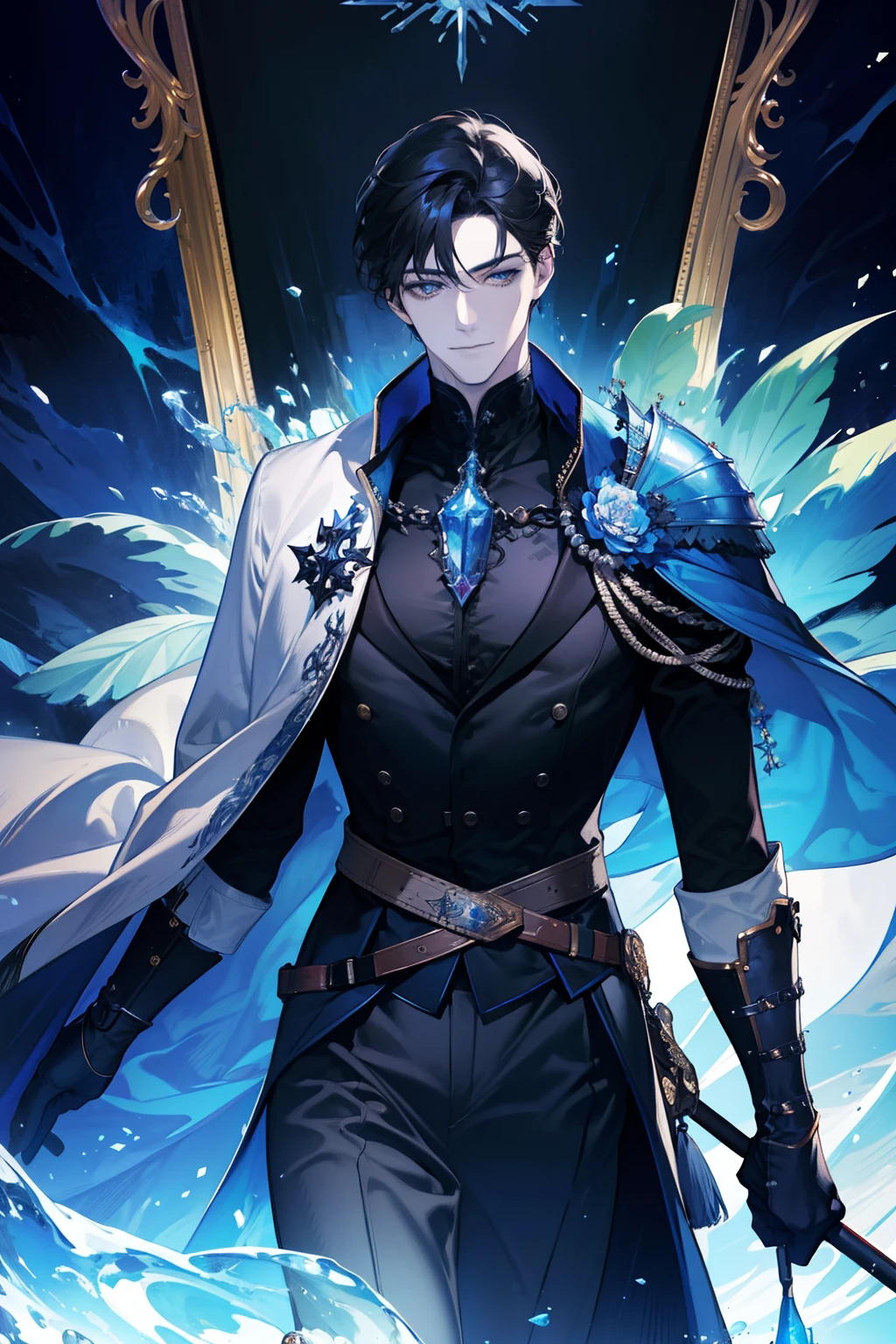 (absurdres, highres, ultra detailed), 1 male, adult, handsome, tall muscular guy, broad shoulders, finely detailed eyes, dark color hair, fantasy, complex pattern, detailed face, throne, magic effect, best ratio four finger and one thumb, ice, bitter cold, cold snap, smile, (dutch angle), closed mouth