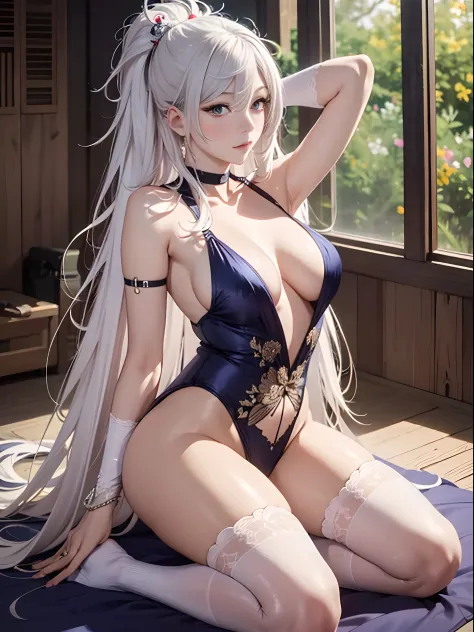 （Enrich the picture，Masterpiece level quality）Beautiful 8K CG artwork，Goddess-like posture，Kneeling exercise，Slim and soft，Translucent skin，White hair、The beauty of extra-long hair, Super Long Straight Hair，The skin is fair and juicy，Underwear uniforms，Per...