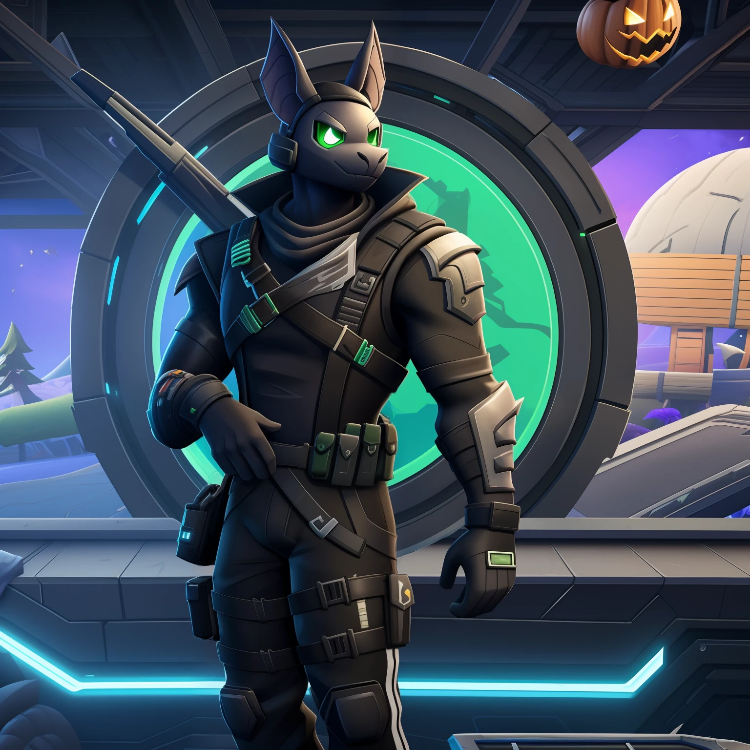 fortnite, verde eyes, negro body, verde, negro, gris, blanco, solo, male, cuerpo completo, futuristic, uno, negro dress pants, Sin alas, antecedentes detallados, fondo del lobby de halloween de fortnite, lobby fortnite