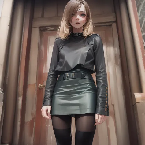 Urinates in a leather skirt and tights