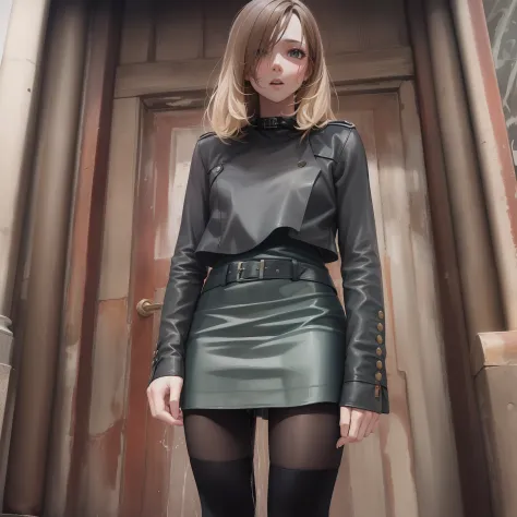 urinates in a leather skirt and tights