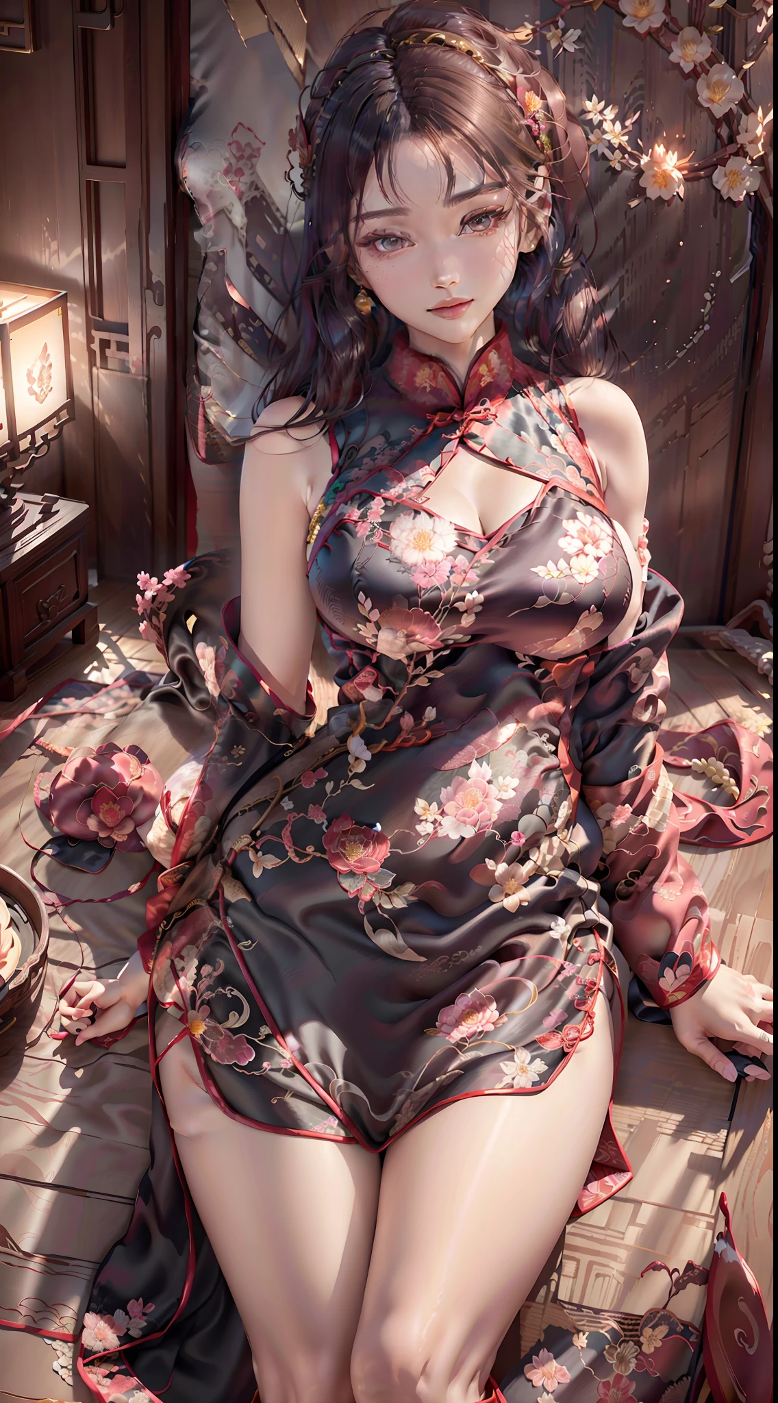 (纸艺术, Quilted 纸艺术, 3D), (全身同性恋:1.5),1 旗袍女子，唐朝皇后服饰，害羞的,  身材苗条，完美比例，精致发饰, 微笑，东方元素，简单的背景, 花裙, (柔和的灯光, 散景)，高质量，4k