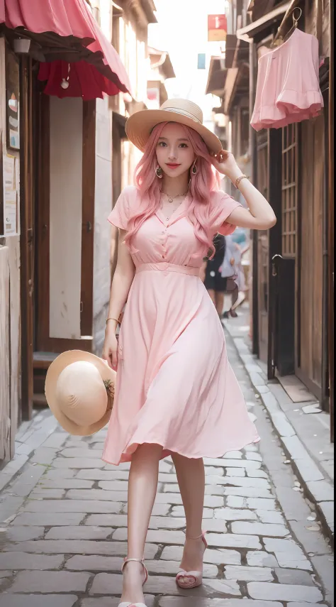 Pink-haired girl strolling through the ancient street，light wind，Straw Hat Hat，stocklings，High heels，eye glass