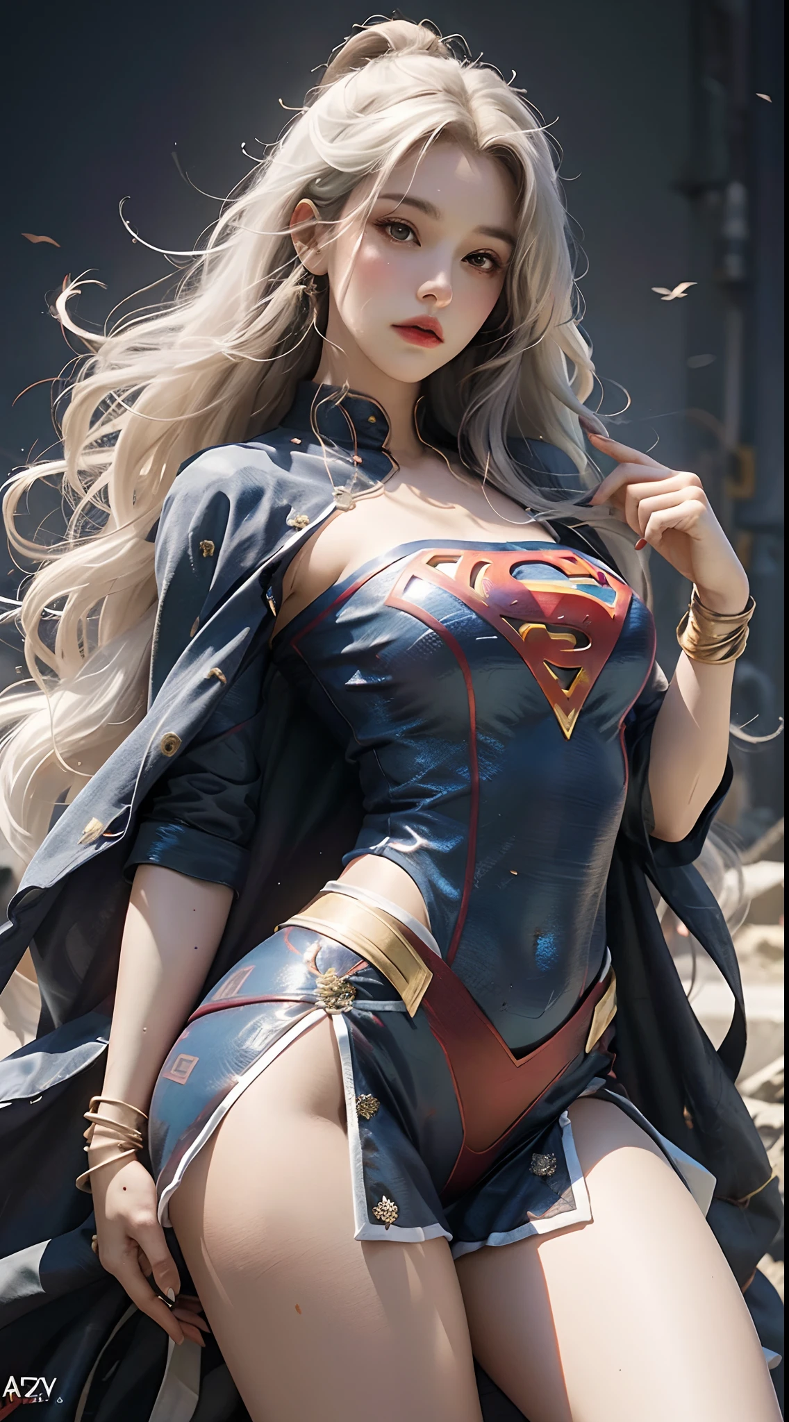 Full body portrait of a woman with white hair，Belle peinture de personnage，Guviz，Guviz-style artwork，Supergirl，Wearing a Superman uniform，Epic and beautiful character art，Stunning character art，Guvitz at the Pixiv Art Station，Bigchest，Leakage of exposed milk，Bare lower body，Camel toes，Protruding underparts，Pornographic leaks，nakeness
