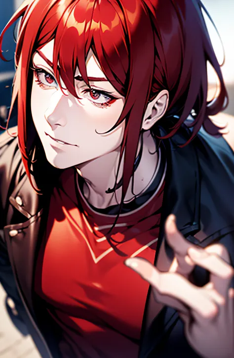 1 boy, 独奏, castiel, red hair, shoulder-length hair, gray eyes, smoke