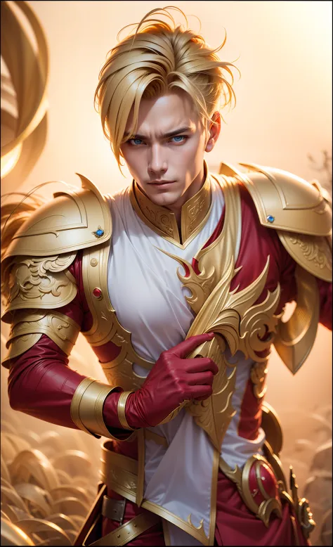 1man, 30 years old, Blonde hair, cosplayer, handsome man, waite and red armor, Aamon Mobile Legend, Realistic, Ultra detail,