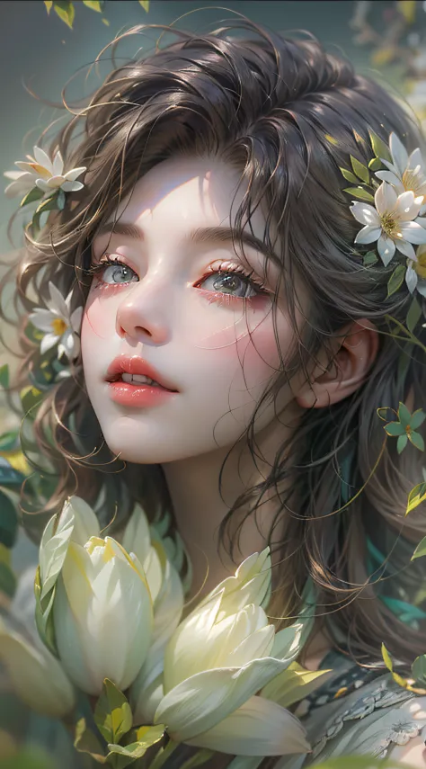 （absurderes，超高分辨率，ultra - detailed），Mature woman，faeries，Bust photo，Hazy flower background，（Hazy：1.3，softlighting：1.4，cinematric...