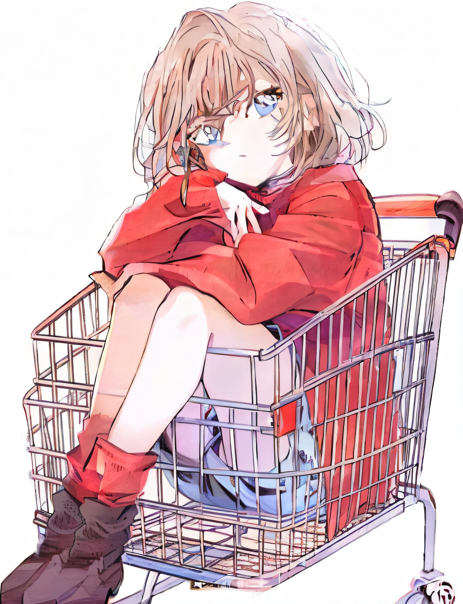 Haibara sat in the shopping cart，legs crossed, in an anime style, In anime style, anime visual of a cute girl, Anime girl, Cute anime girl, An anime girl, anime moe art style, high resolution!!, ((Red)) baggy eyes, Cute anime style