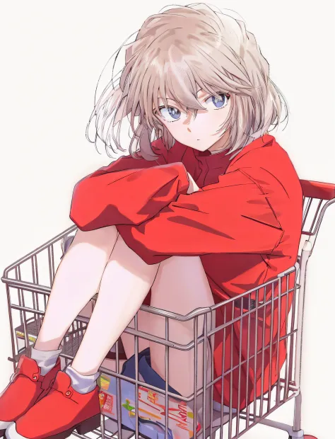 gray plains mourn，sit in the shopping cart，legs crossed, anime style portrait