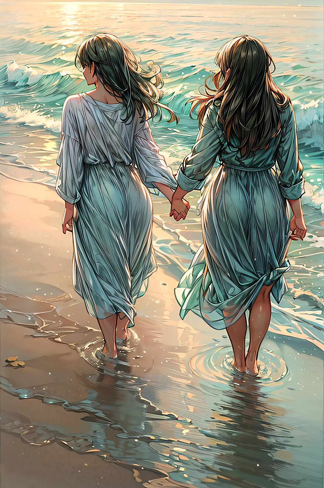 On a moonlit beach, two women walk hand in hand along the shoreline, the waves gently lapping at their bare feet. The silvery light reflects off the water, casting a romantic glow on their faces. With the stars twinkling above and the distant sound of crashing waves, their lips meet in a tender kiss filled with longing and connection. The salty breeze carries their laughter and the scent of the sea, enveloping them in a serene and passionate moment. The scene is captured in a dreamy, soft-focus style using pastel colors and gentle brushstrokes, conveying the timeless nature of their love.