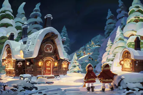 A cozy winter evening scene, a family gathered around a fire in a snow-covered cabin, brought to life in the style of Carl Klein...