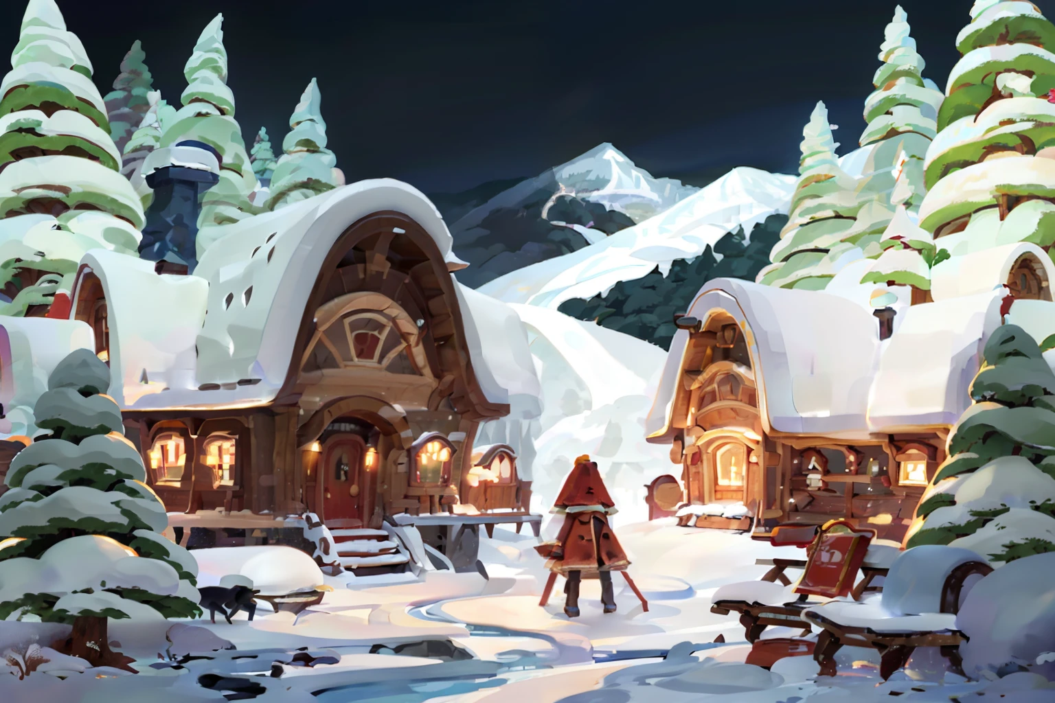 Eine gemütliche Winterabendszene, eine Familie versammelt sich um ein Feuer in einer schneebedeckten Hütte, zum Leben erweckt im Stil von Carl Kleiner. Die Weitwinkelansicht fängt die Wärme der Kabine gegen die Kälte ein, verschneite Landschaft draußen --ar 5:7 – mit 400 – mehr als 5