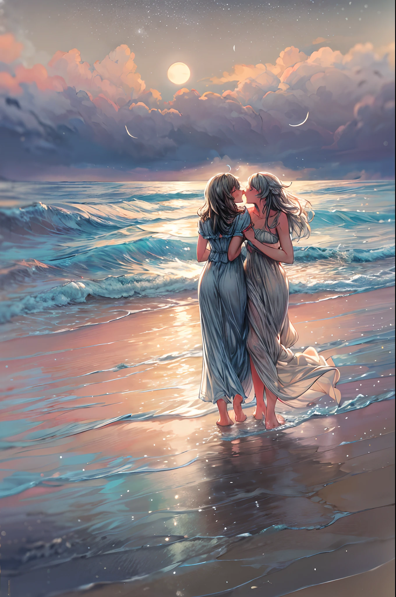 En una playa iluminada por la luna, dos mujeres caminan de la mano a lo largo de la costa, las olas golpeando suavemente sus pies descalzos. La luz plateada se refleja en el agua., proyectando un brillo romántico en sus rostros. Con las estrellas brillando arriba y el sonido distante de las olas rompiendo, sus labios se encuentran en un tierno beso lleno de anhelo y conexión.. La brisa salada lleva sus risas y el olor del mar., envolviéndolos en un momento sereno y apasionado. La escena está capturada en un sueño., estilo de enfoque suave usando colores pastel y pinceladas suaves, Transmitiendo la naturaleza atemporal de su amor..